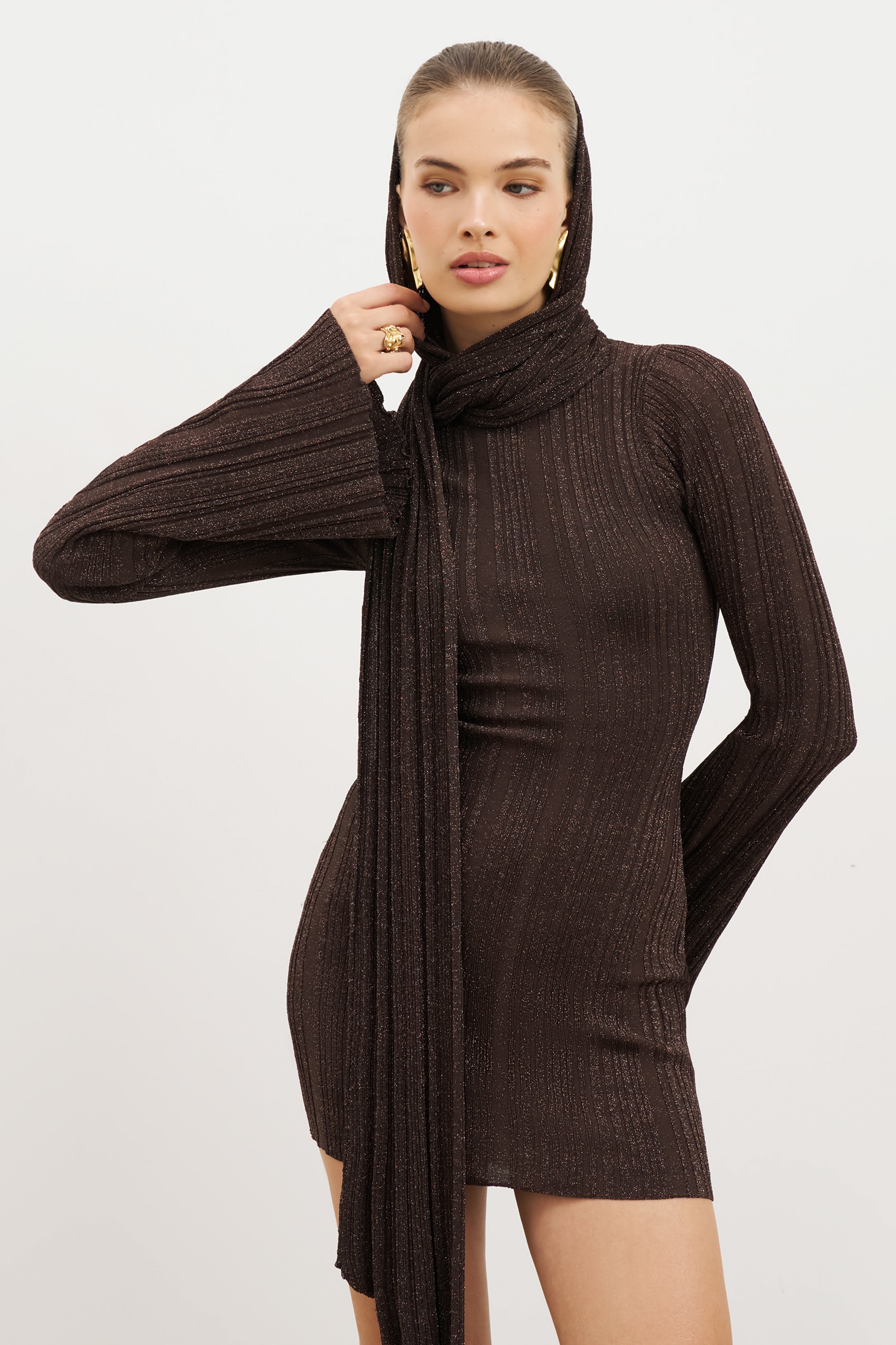 Fine Knit Gathered Longsleeve Mini Dress - Carob Shimmer