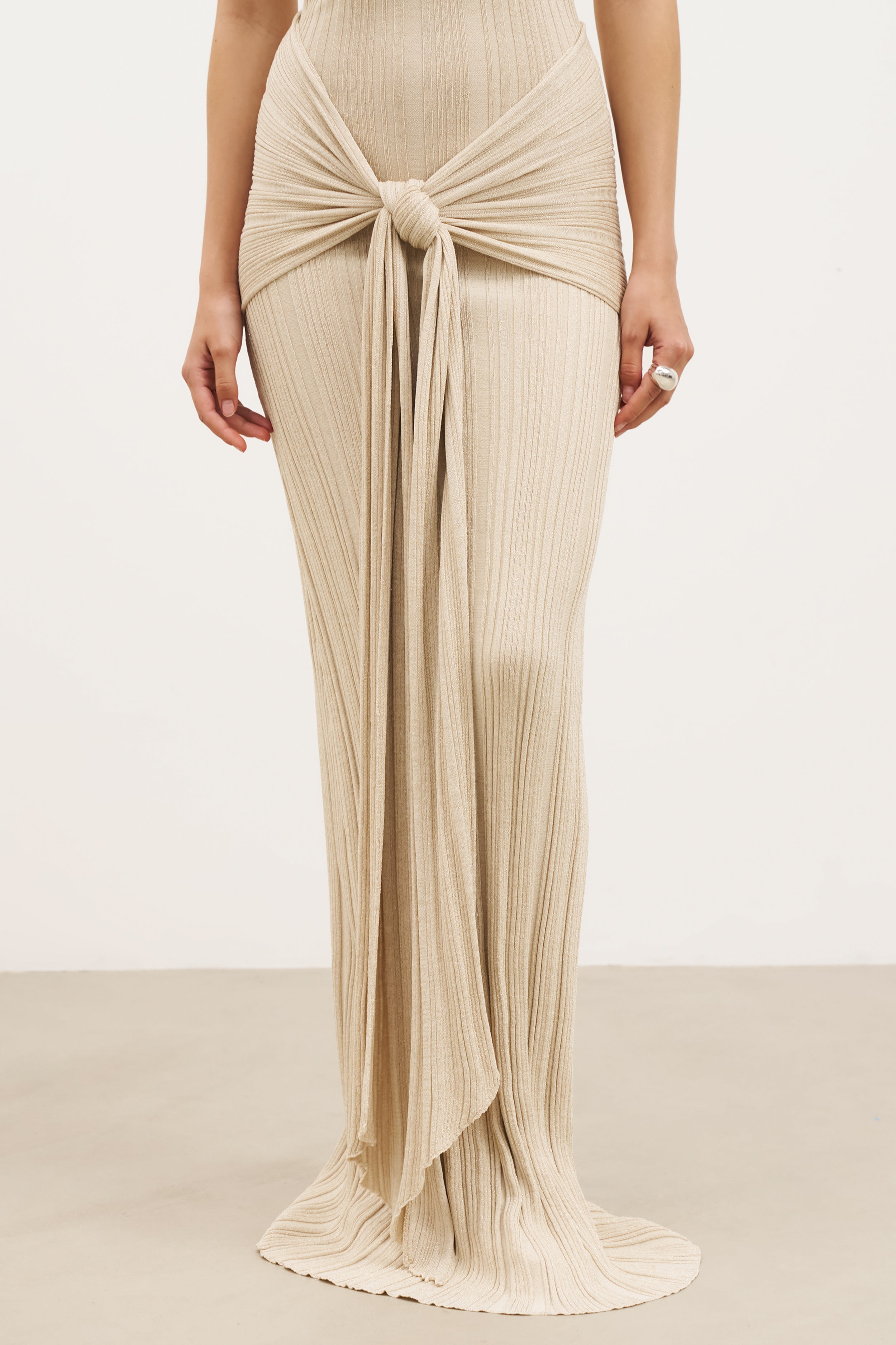 Fine Knit Gathered Halter Neck Maxi Dress - Champagne Shimmer