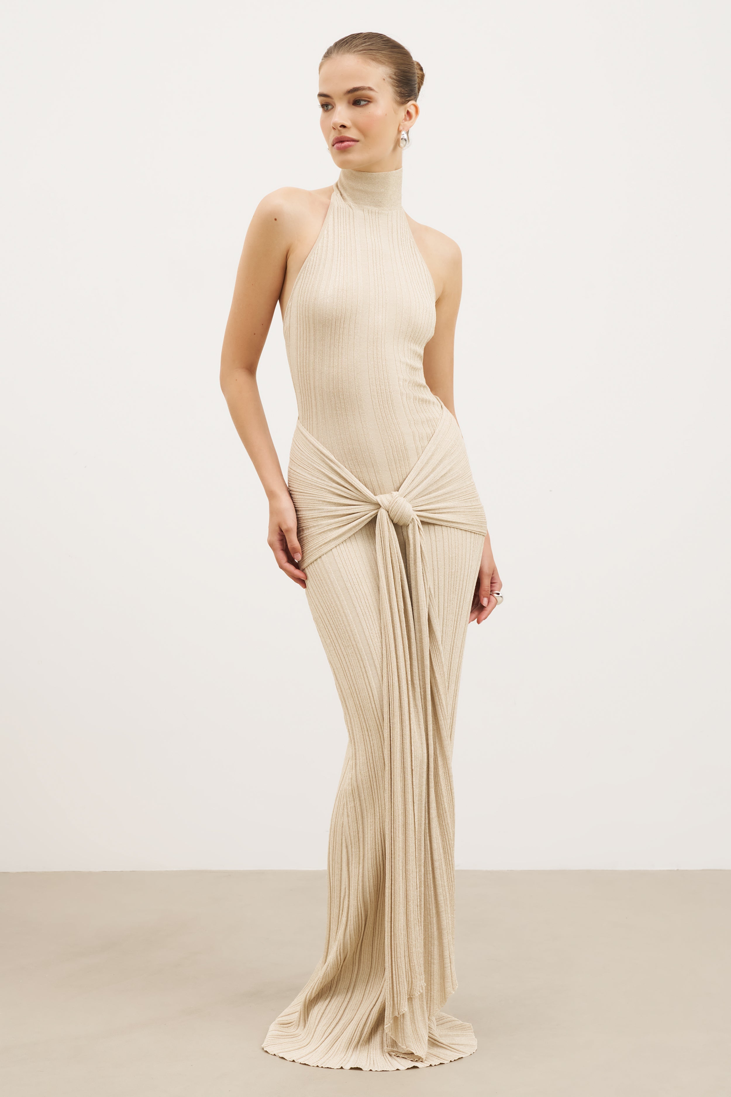 Fine Knit Gathered Halter Neck Maxi Dress - Champagne Shimmer