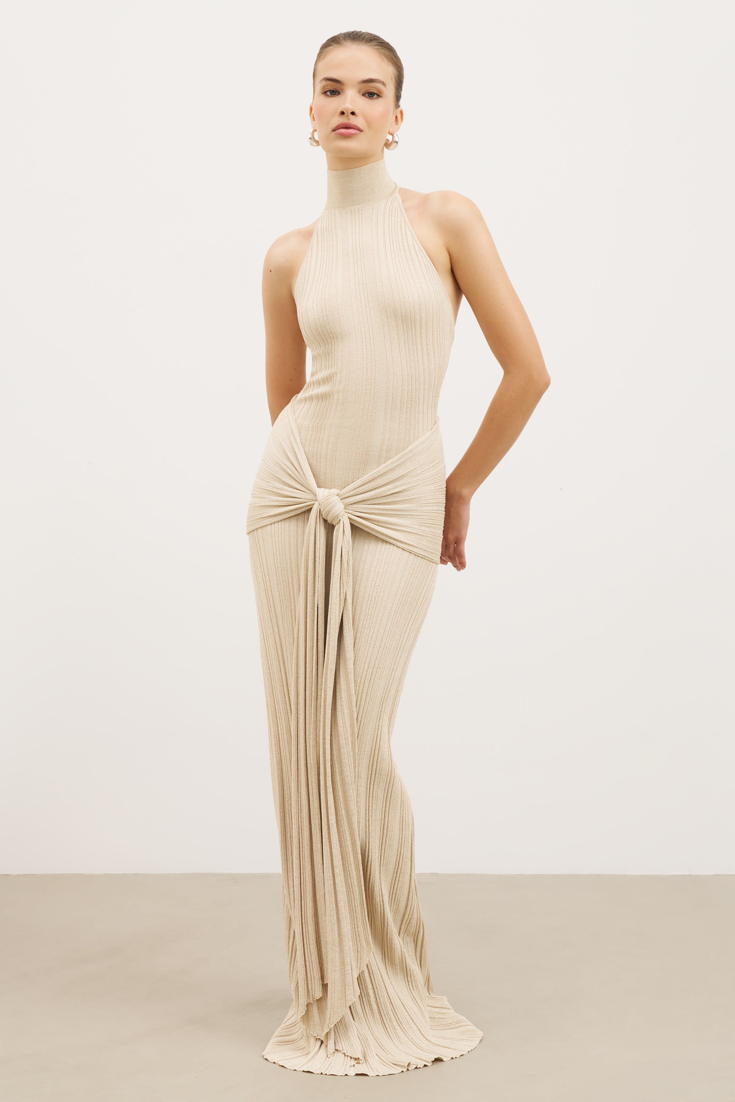 Fine Knit Gathered Halter Neck Maxi Dress - Champagne Shimmer | BOA Fine Knit Gathered Halter Neck Maxi Dress - Champagne Shimmer | BOA