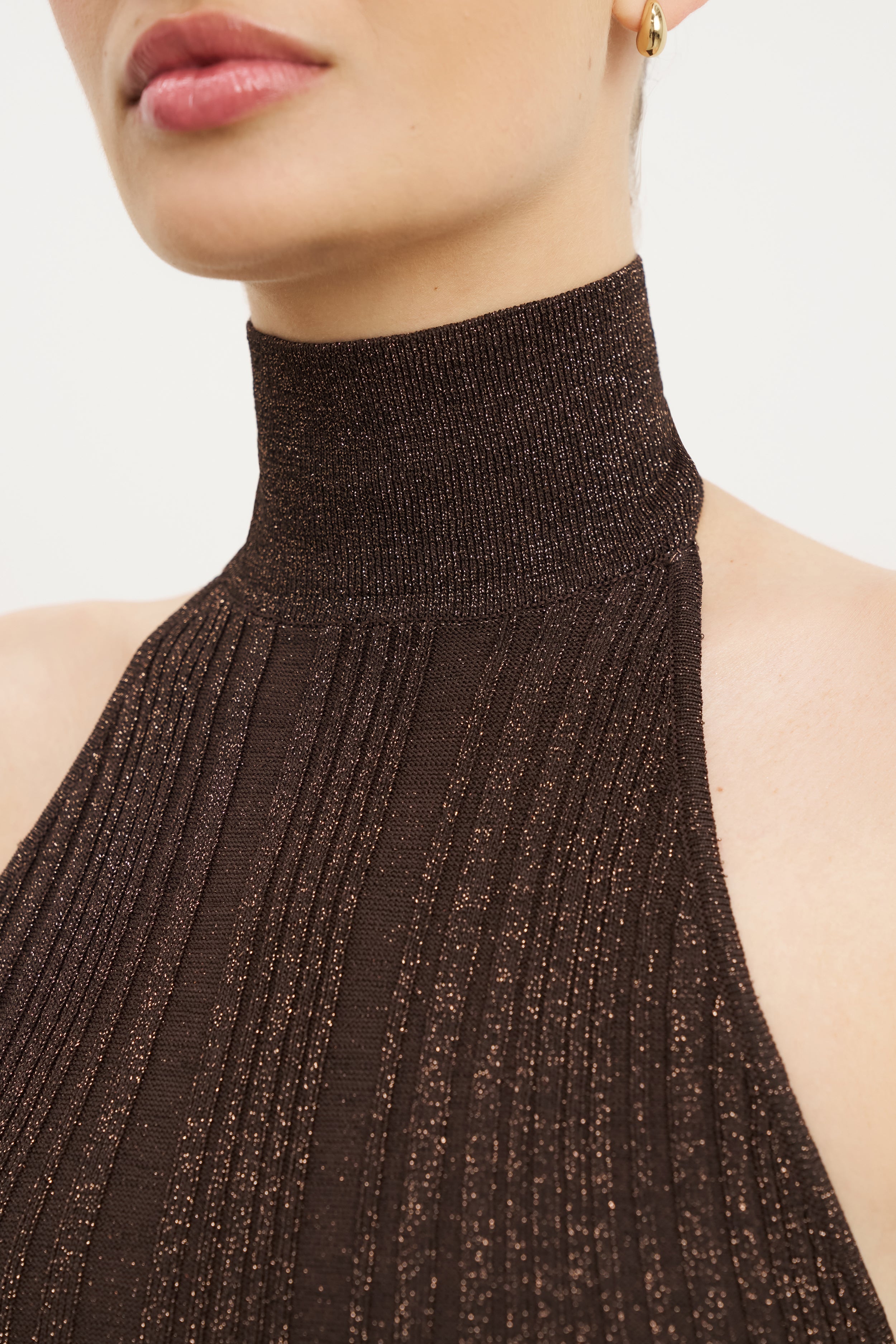 Fine Knit Gathered Halter Neck Maxi Dress - Carob Shimmer