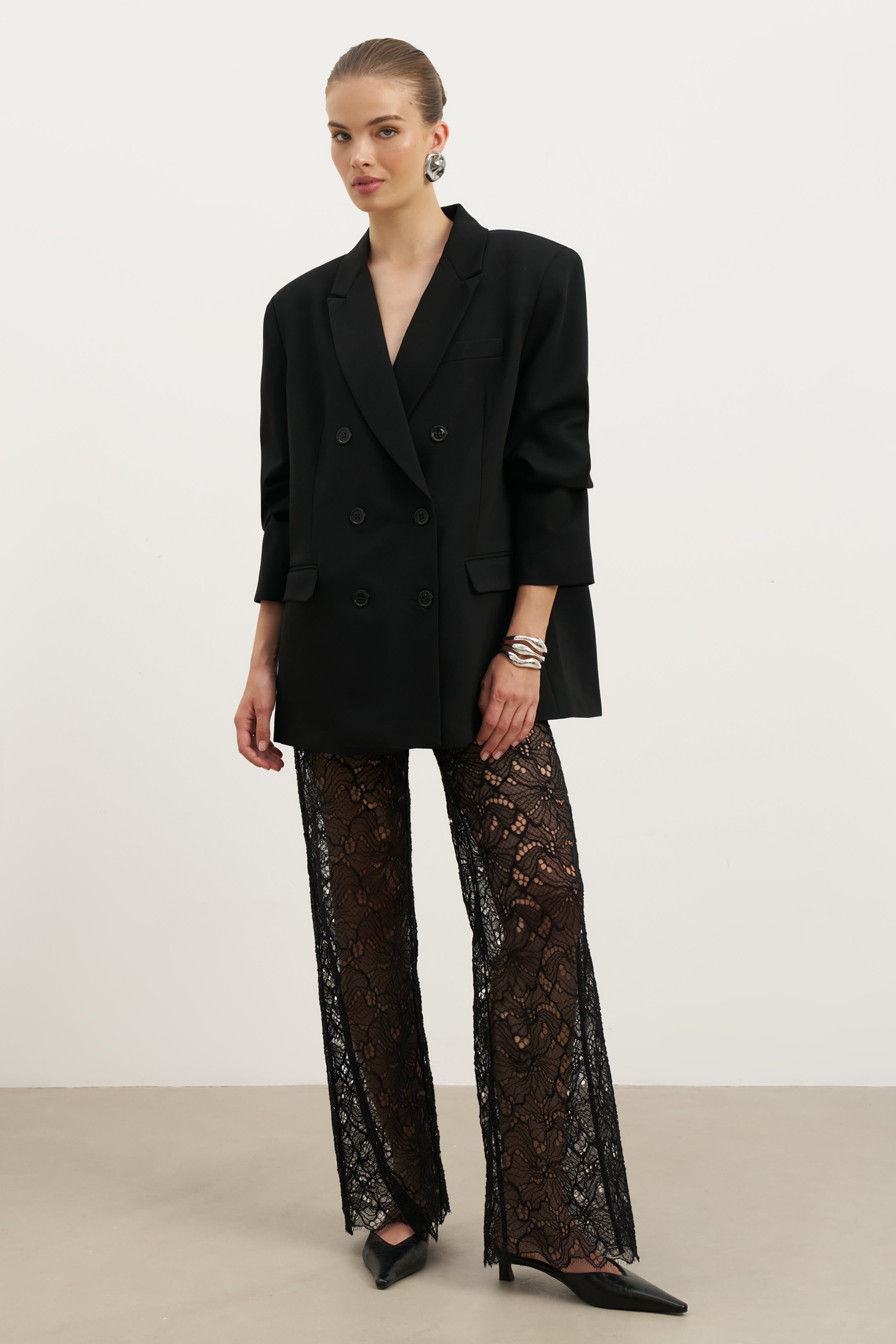 Lace Mid Rise Wide Leg Trousers - Black