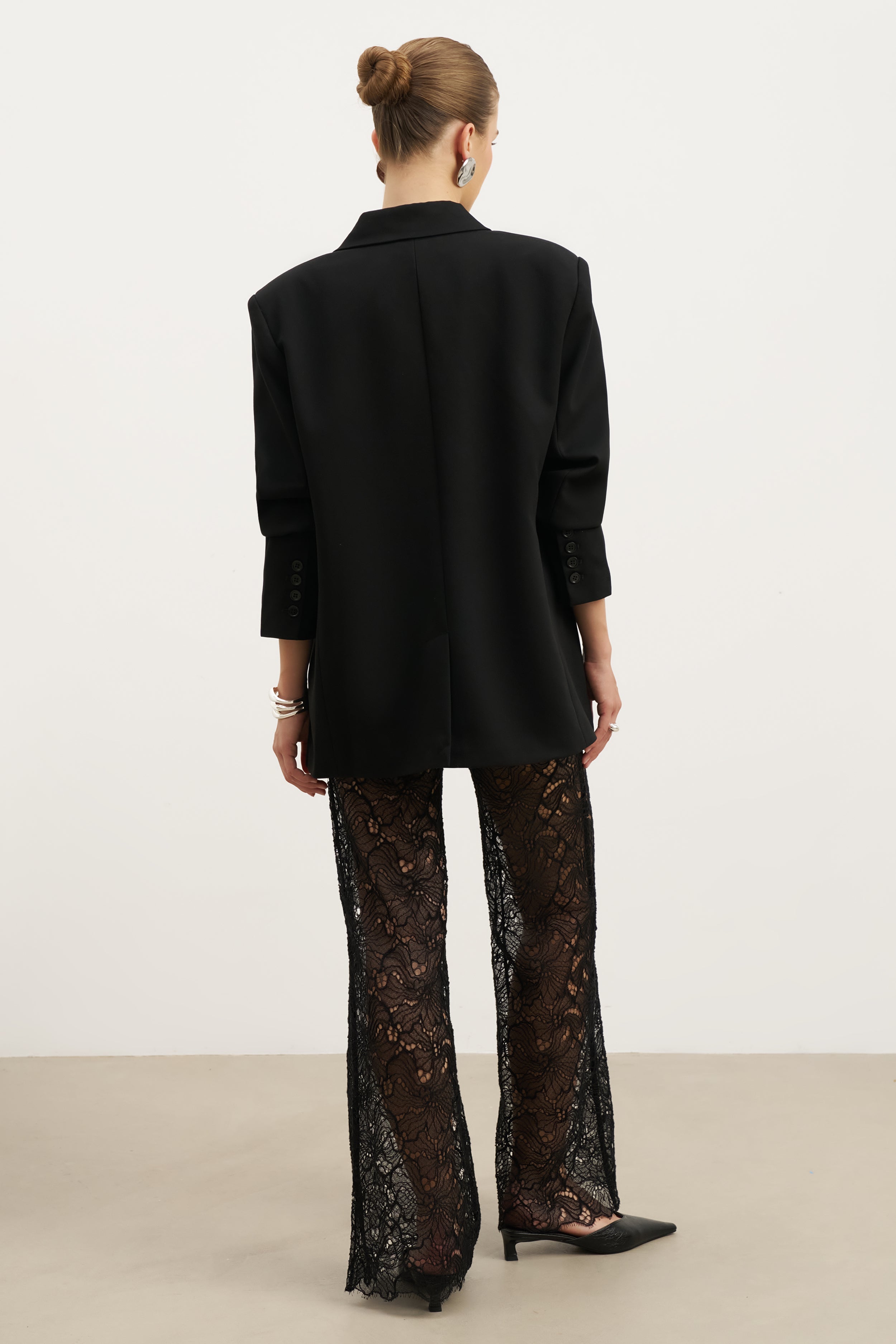 Lace Mid Rise Wide Leg Trousers - Black