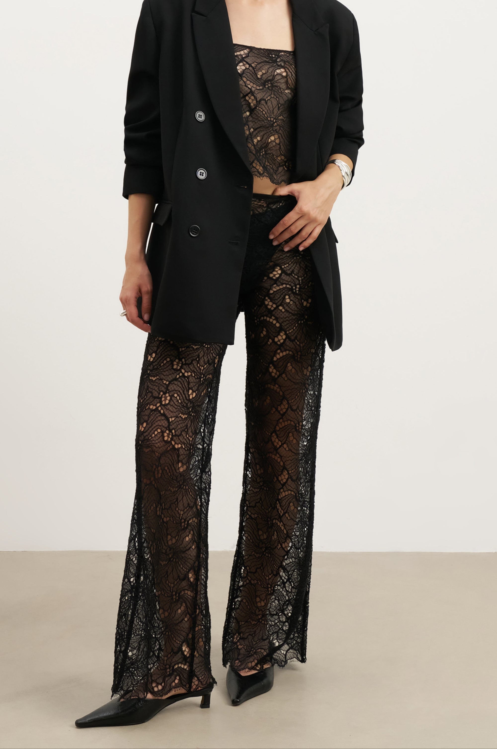 Lace Mid Rise Wide Leg Trousers - Black