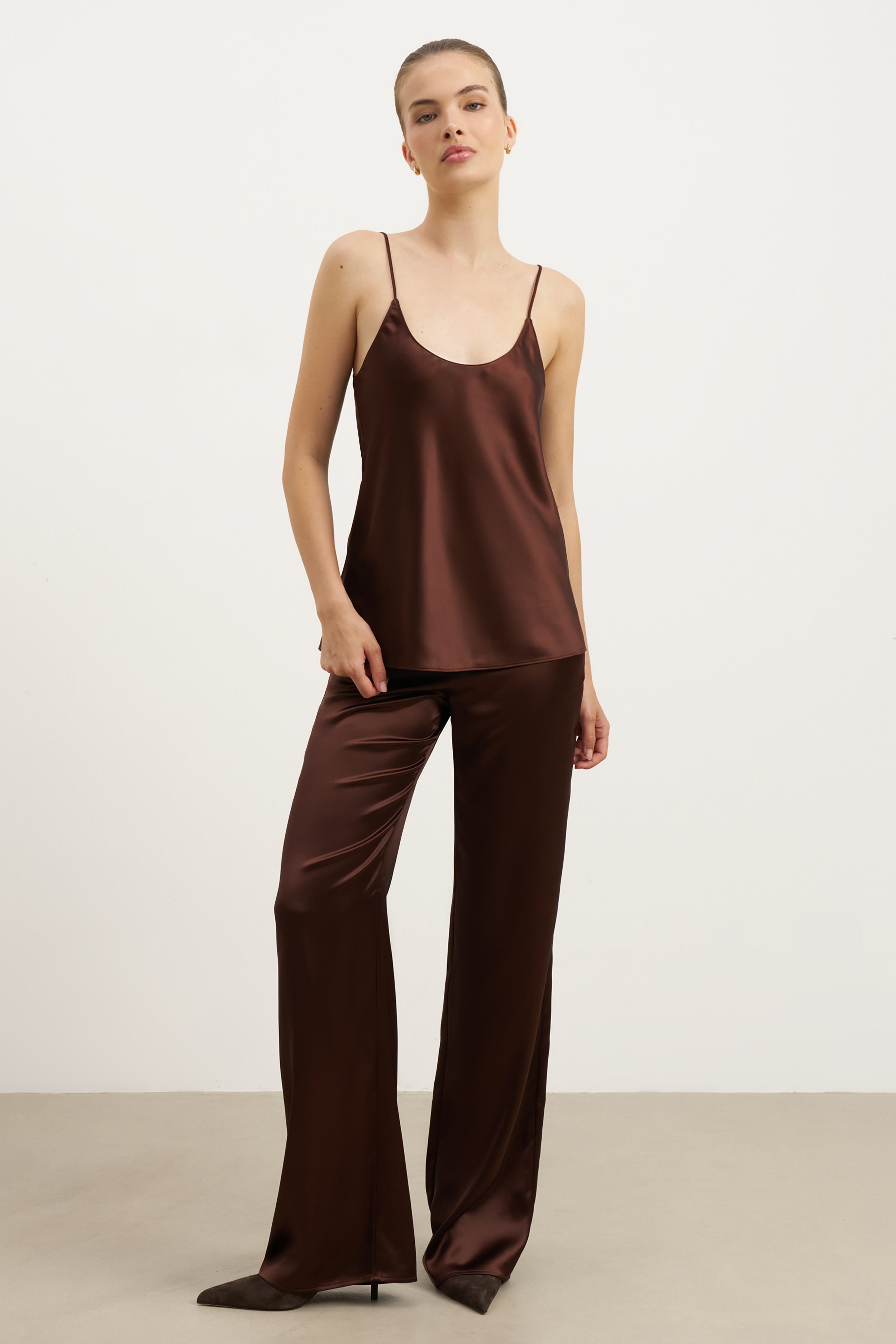 Formal Satin Straight Leg Trousers - Carob