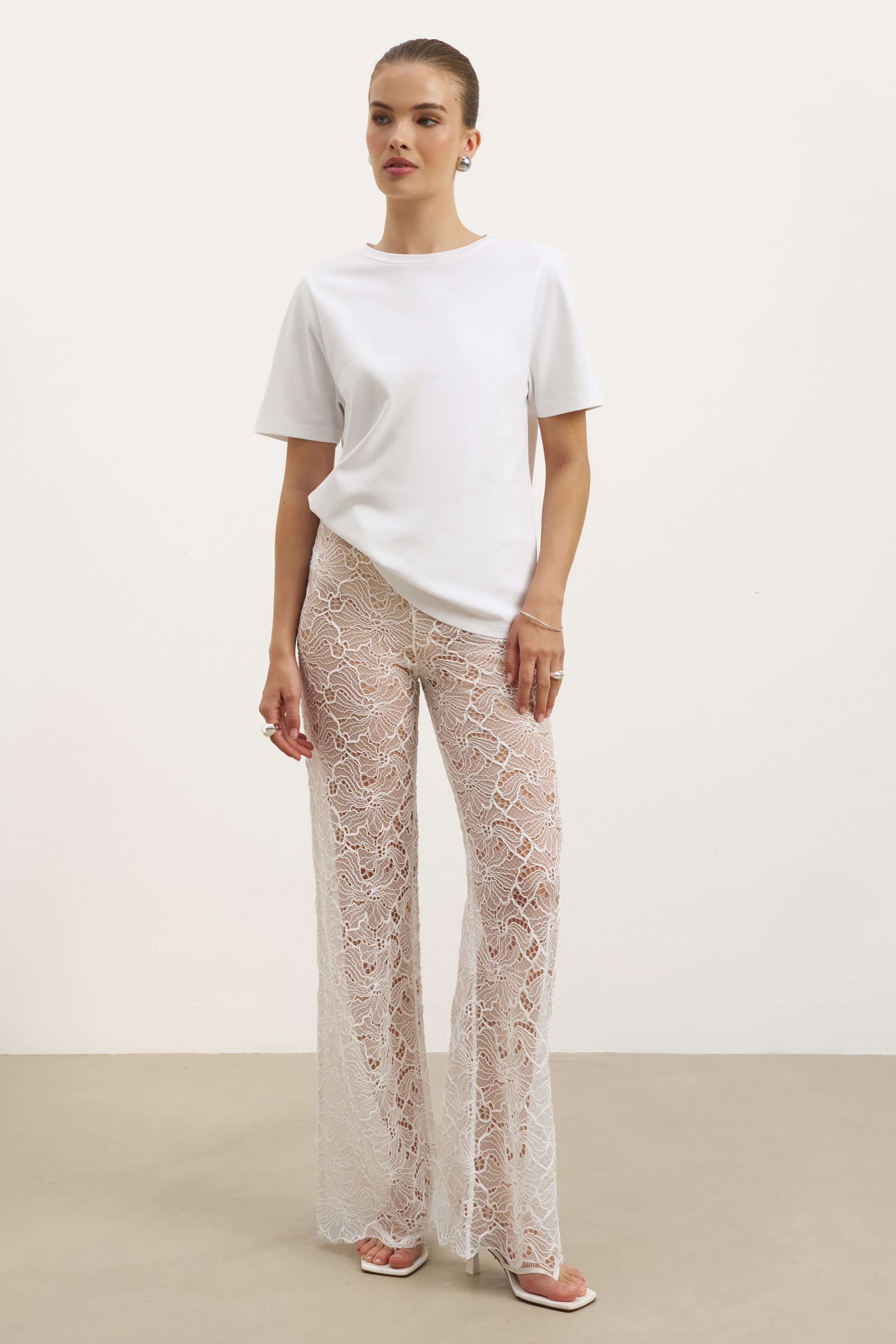 Lace Mid Rise Wide Leg Trousers - White