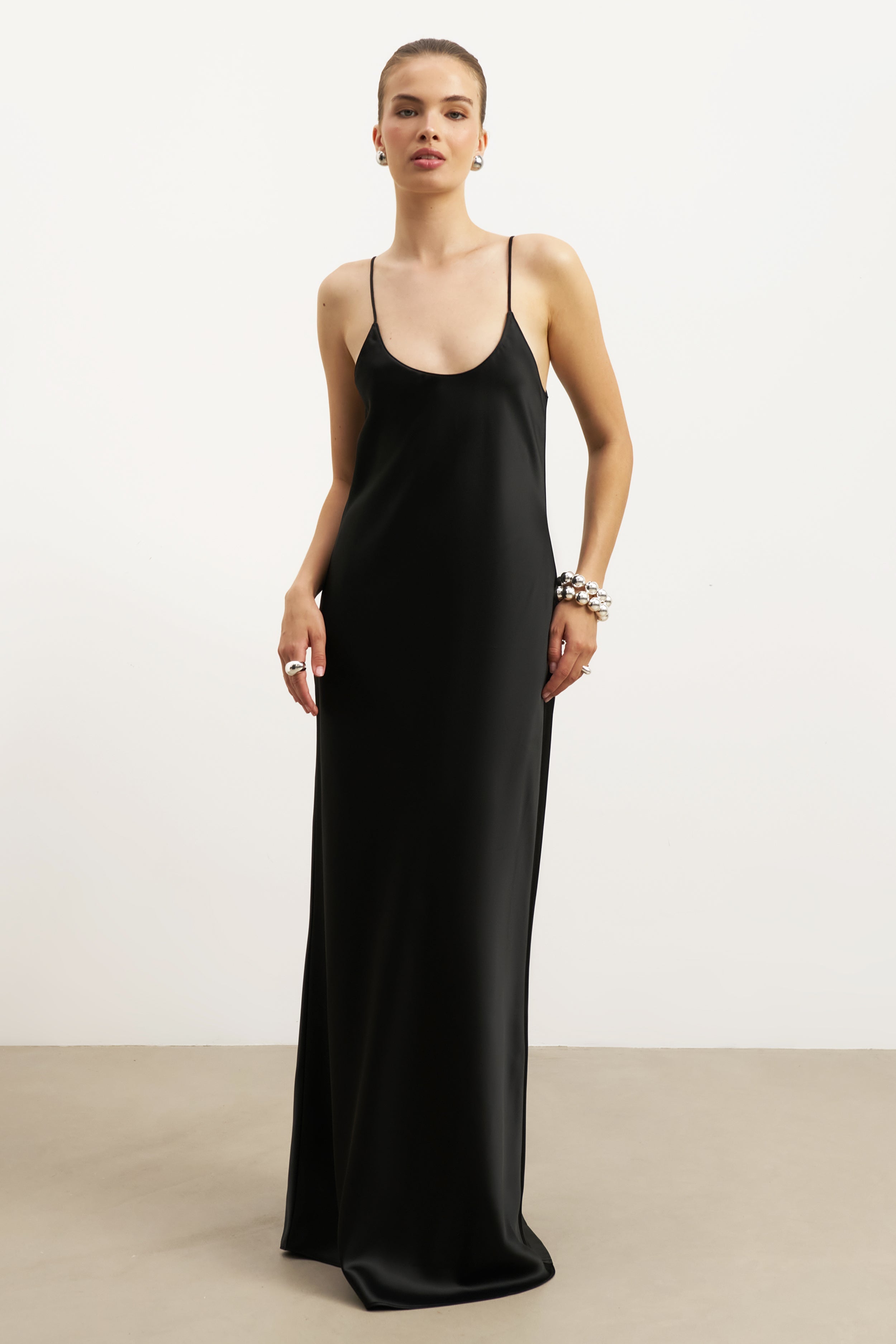 Satin Scoop Neck Camisole Maxi Dress - Black
