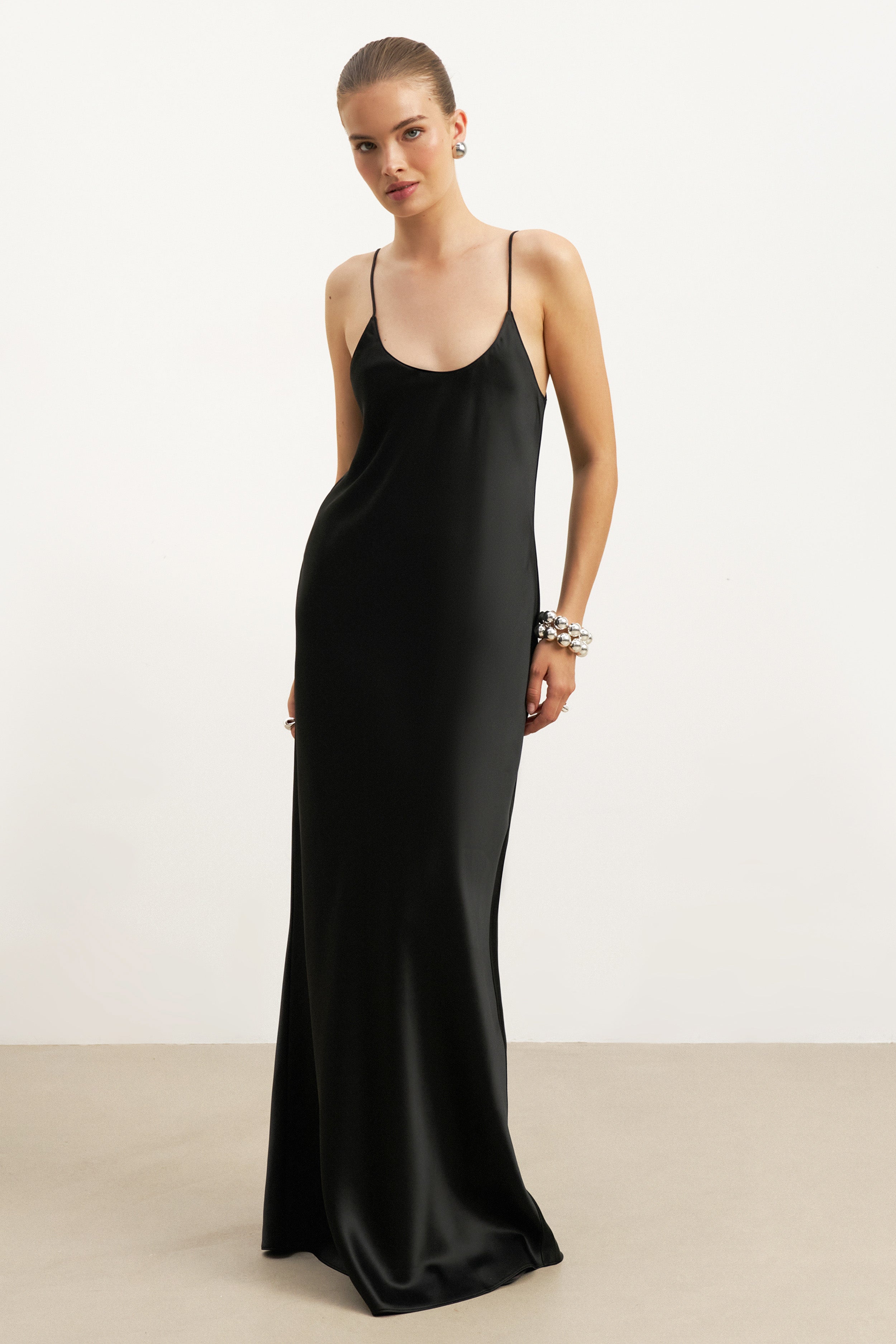 Satin Scoop Neck Camisole Maxi Dress - Black