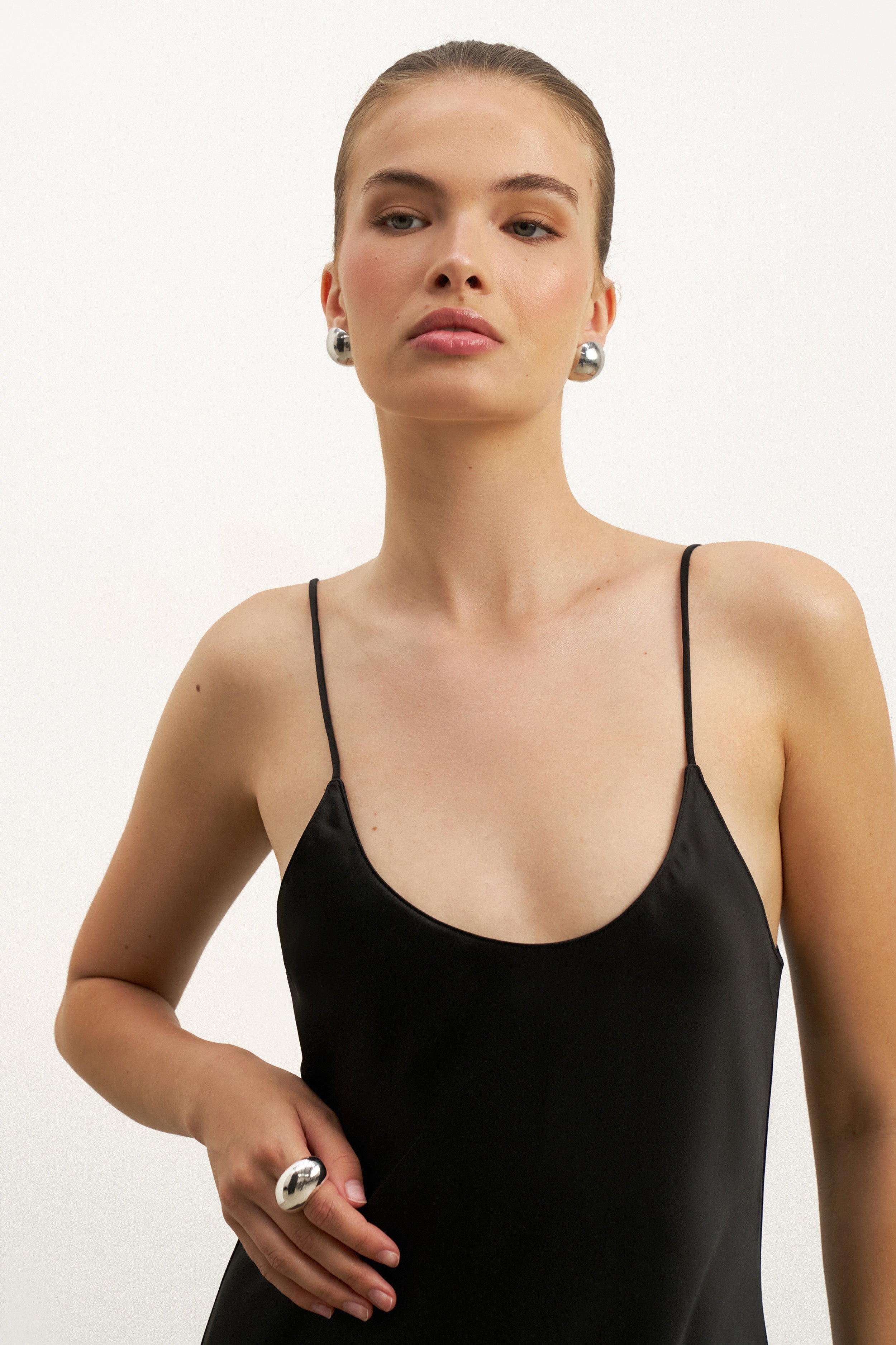 Satin Scoop Neck Camisole Maxi Dress - Black