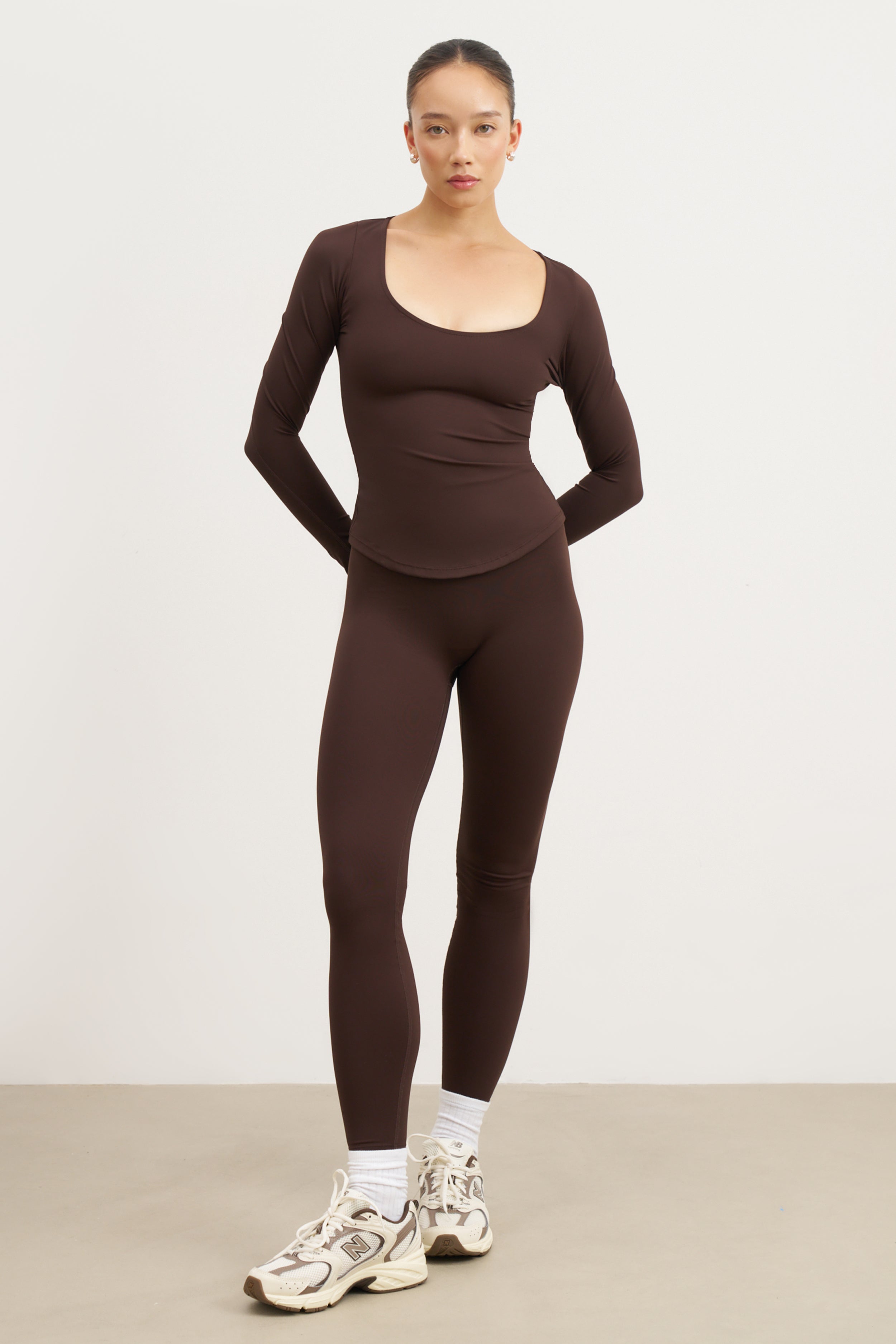 Base Sculpting Scoop Neck Long Sleeve Top - Carob