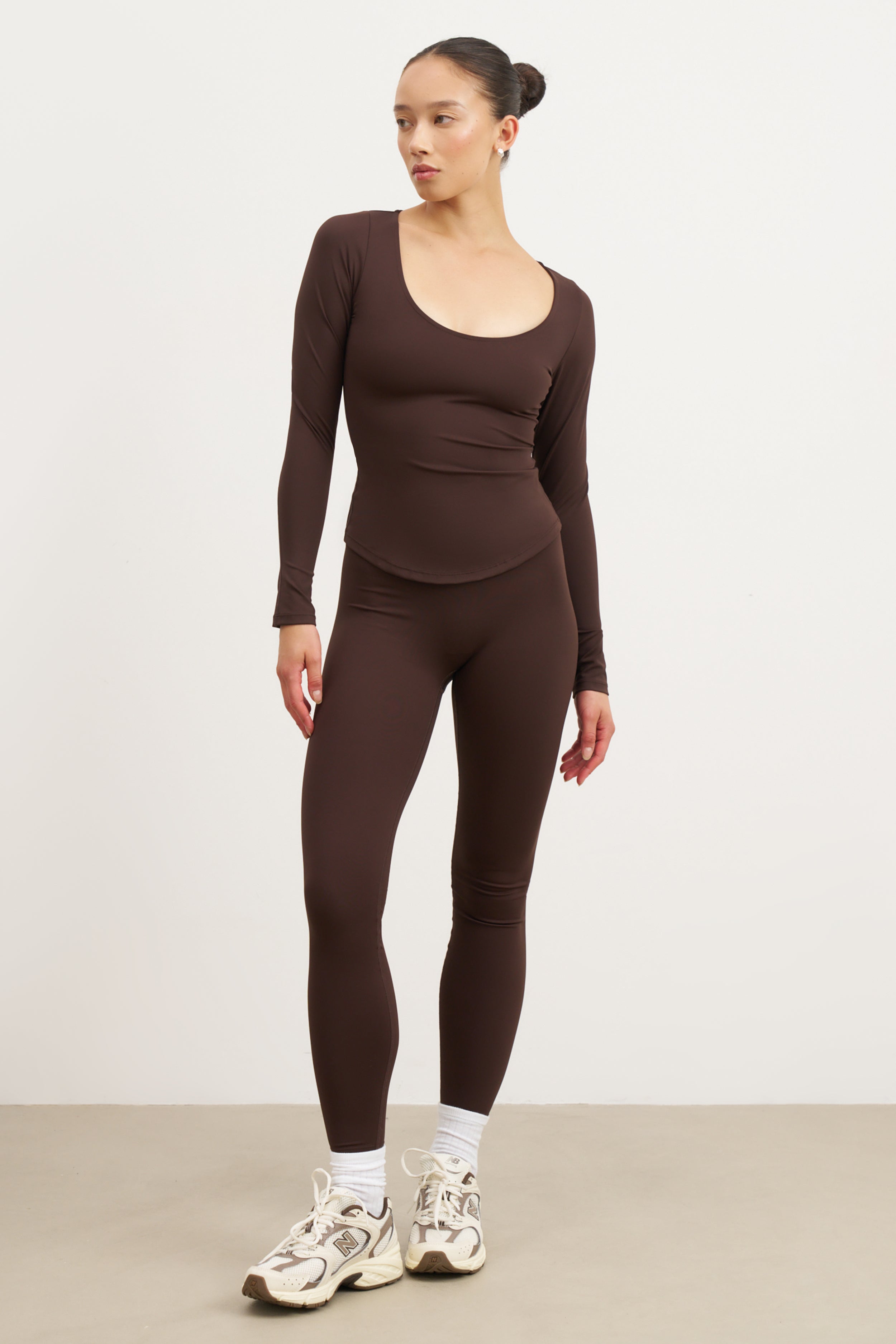 Base Sculpting Scoop Neck Long Sleeve Top - Carob