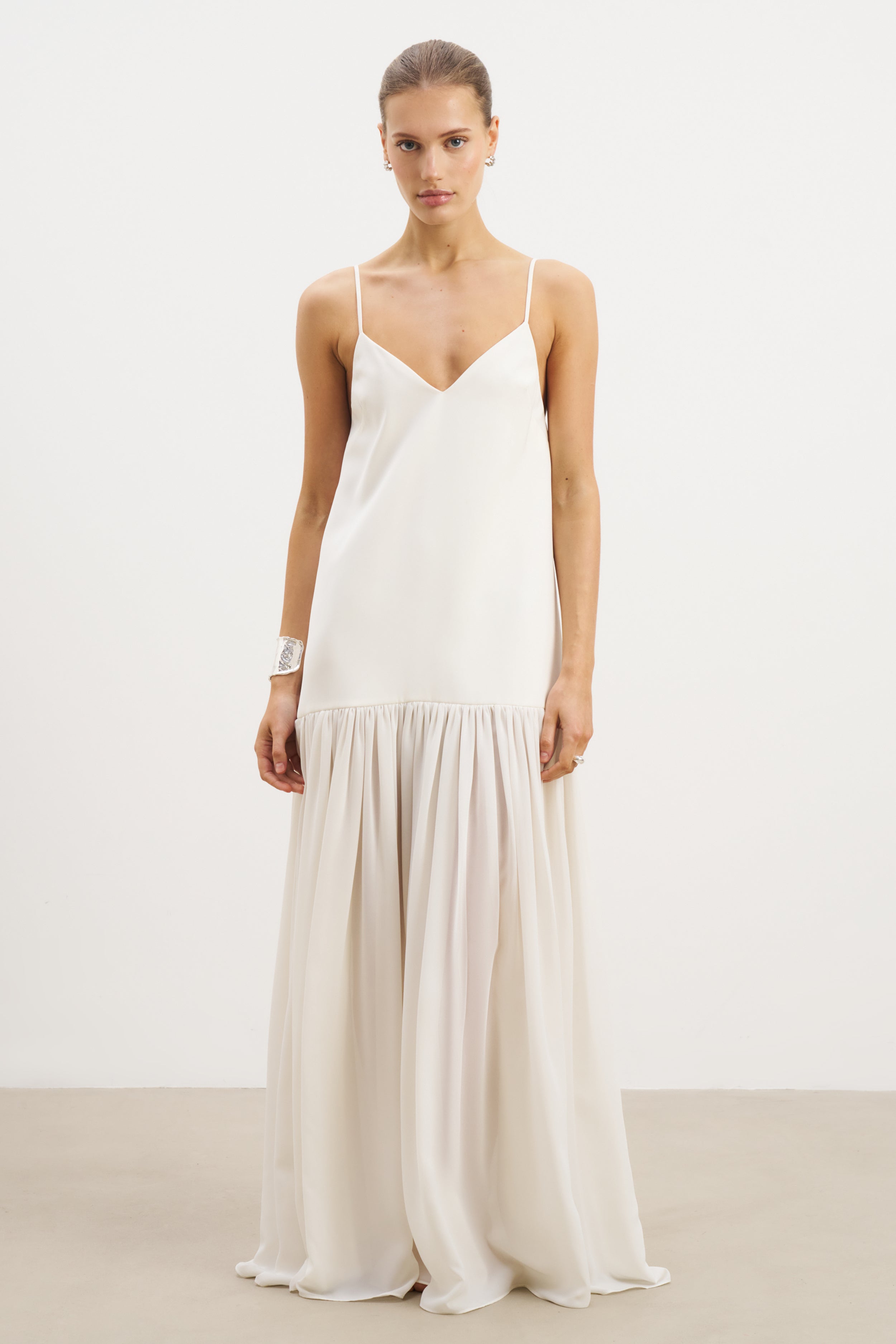 Flowing Dropped Waist Maxi Dress - Cream