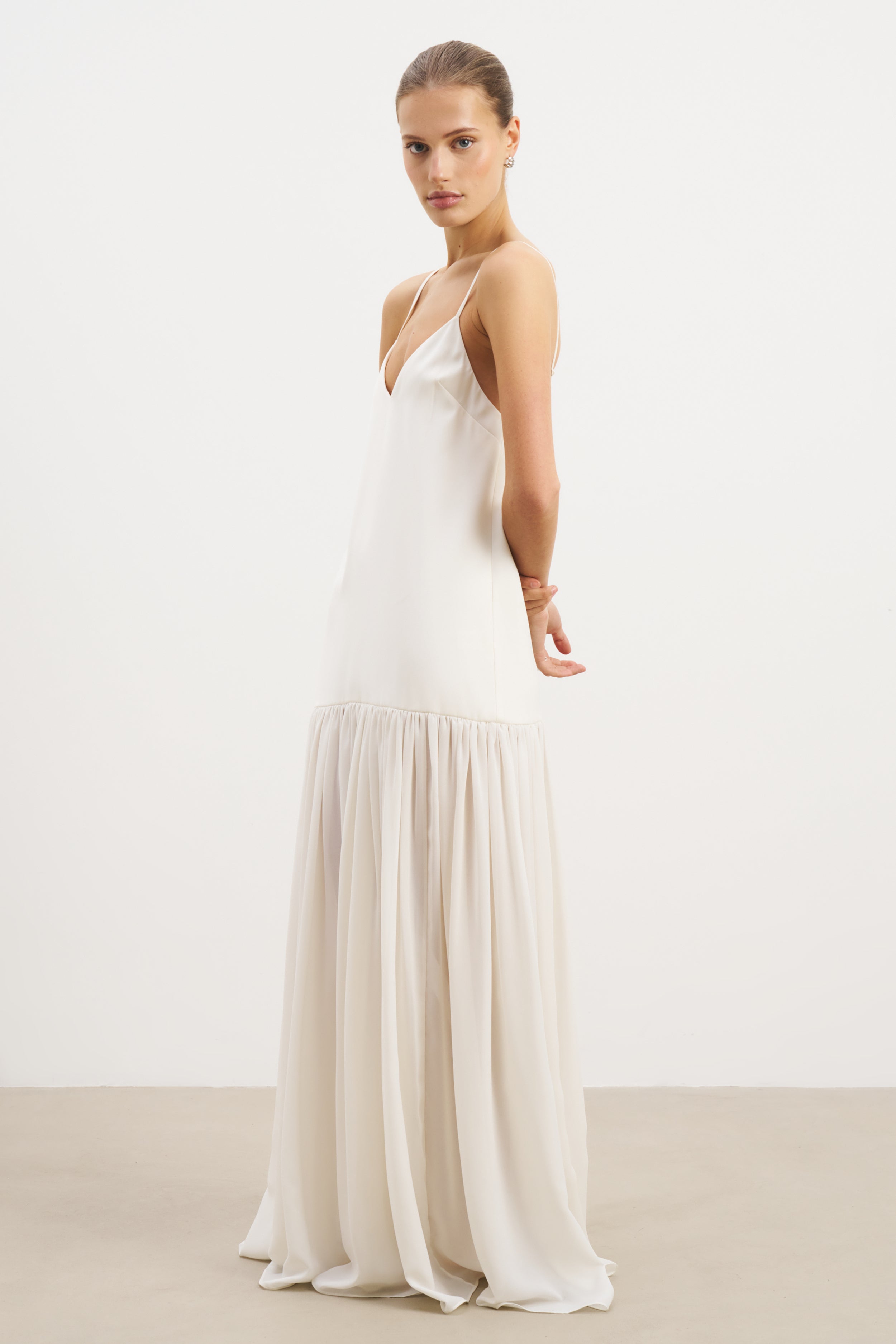 Flowing Dropped Waist Maxi Dress - Cream