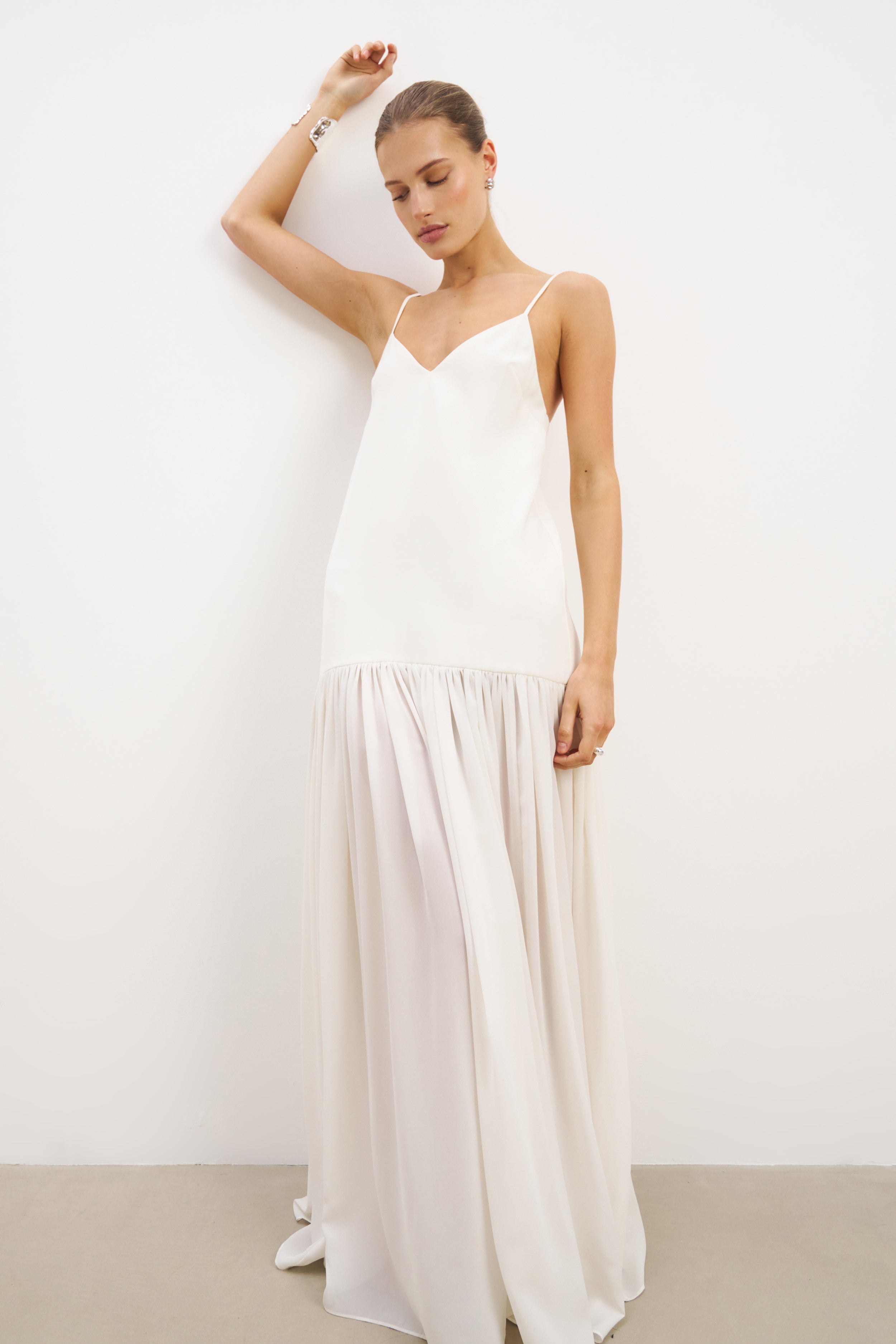 Flowing Dropped Waist Maxi Dress - Cream