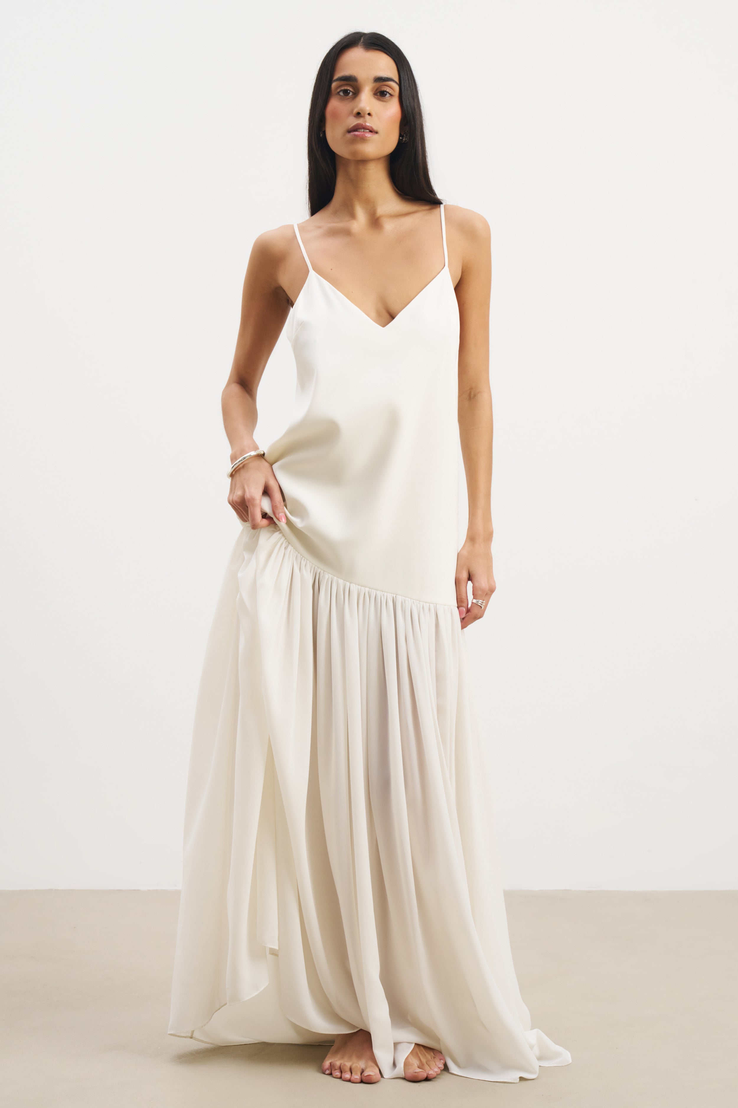 Flowing Dropped Waist Maxi Dress - Cream