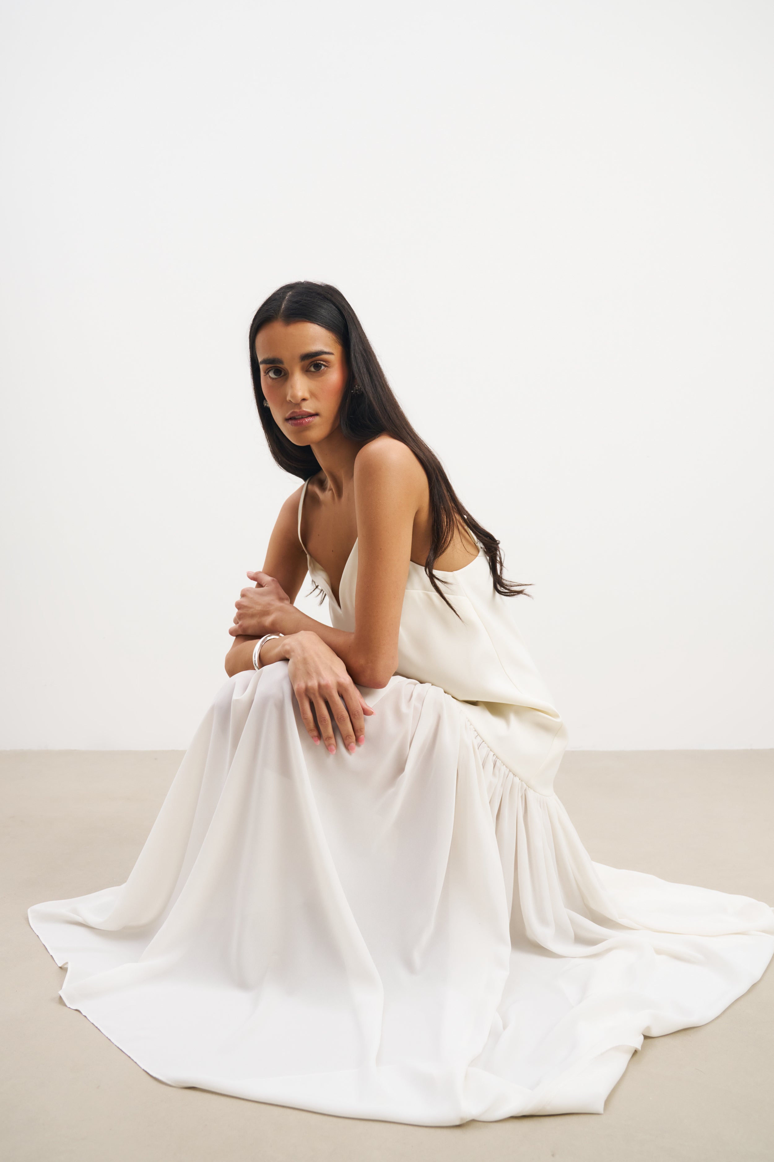 Flowing Dropped Waist Maxi Dress - Cream