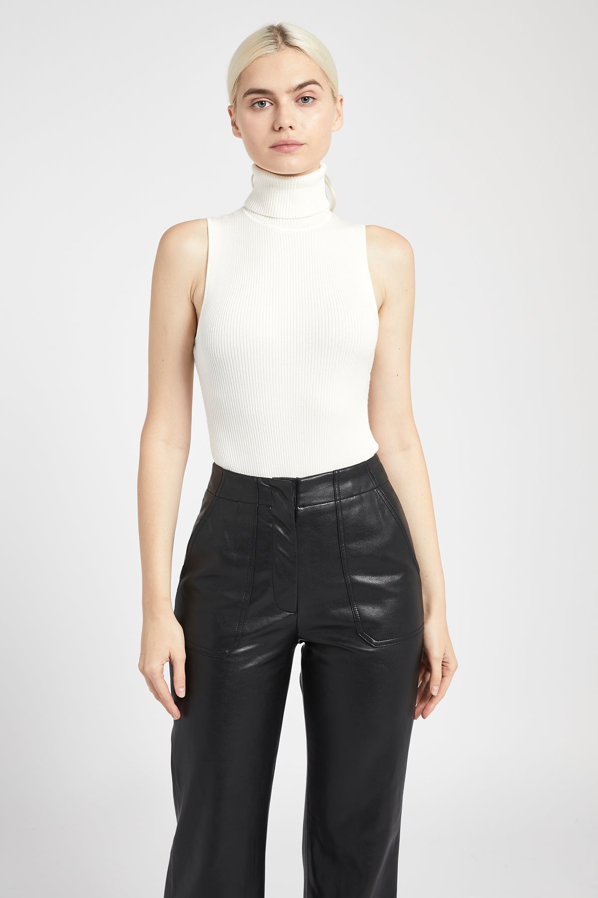 Sleeveless Roll Neck Knit Bodysuit - White