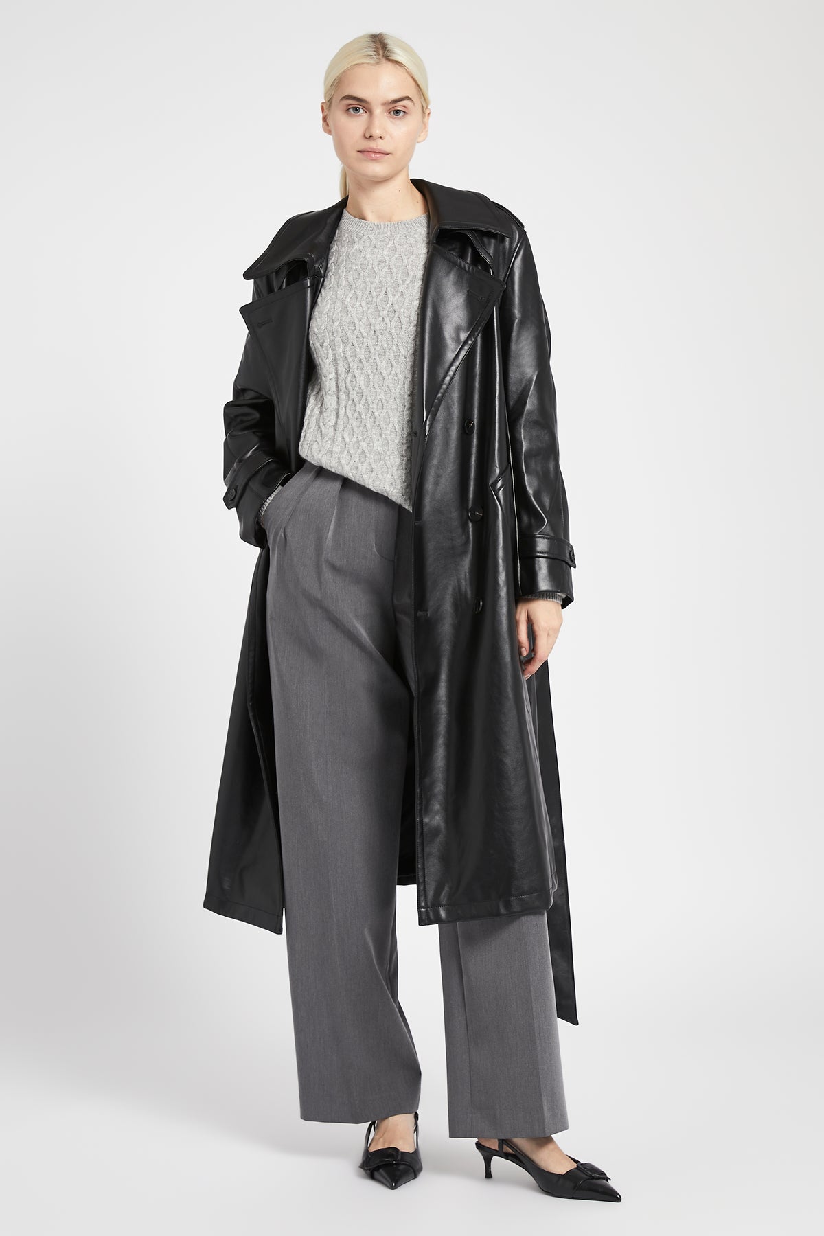 Oversized Leather Belted Trench Coat - Black