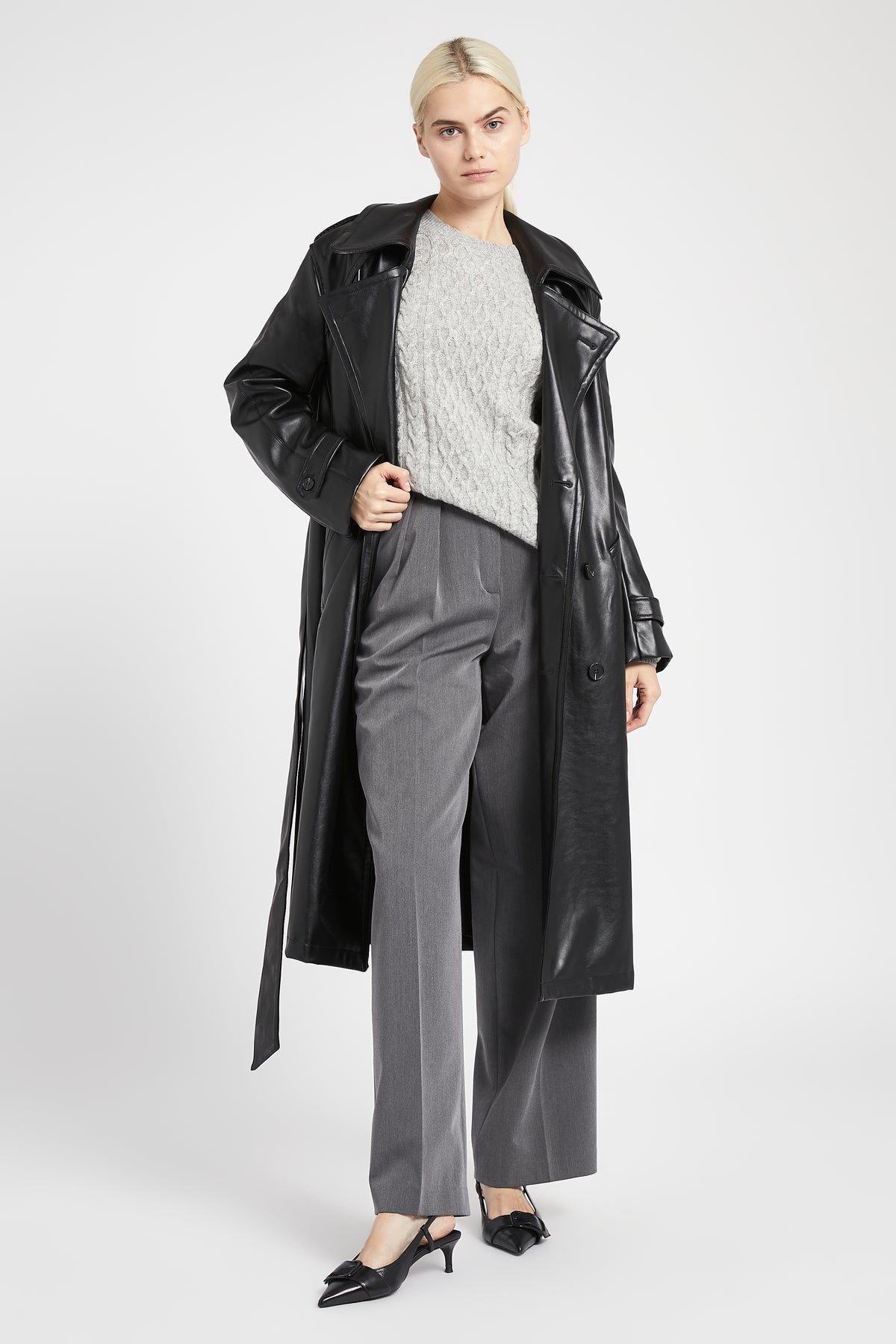 Oversized Leather Belted Trench Coat - Black