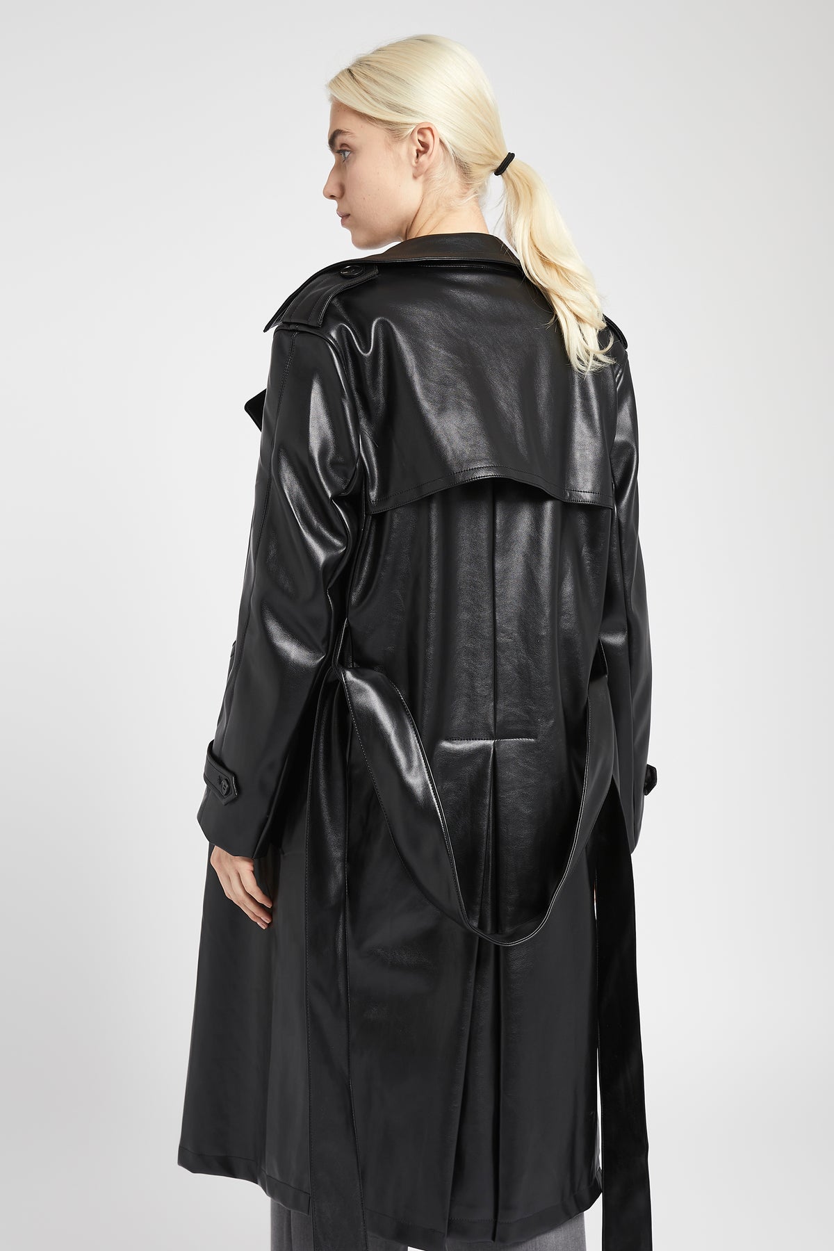 Oversized Leather Belted Trench Coat - Black