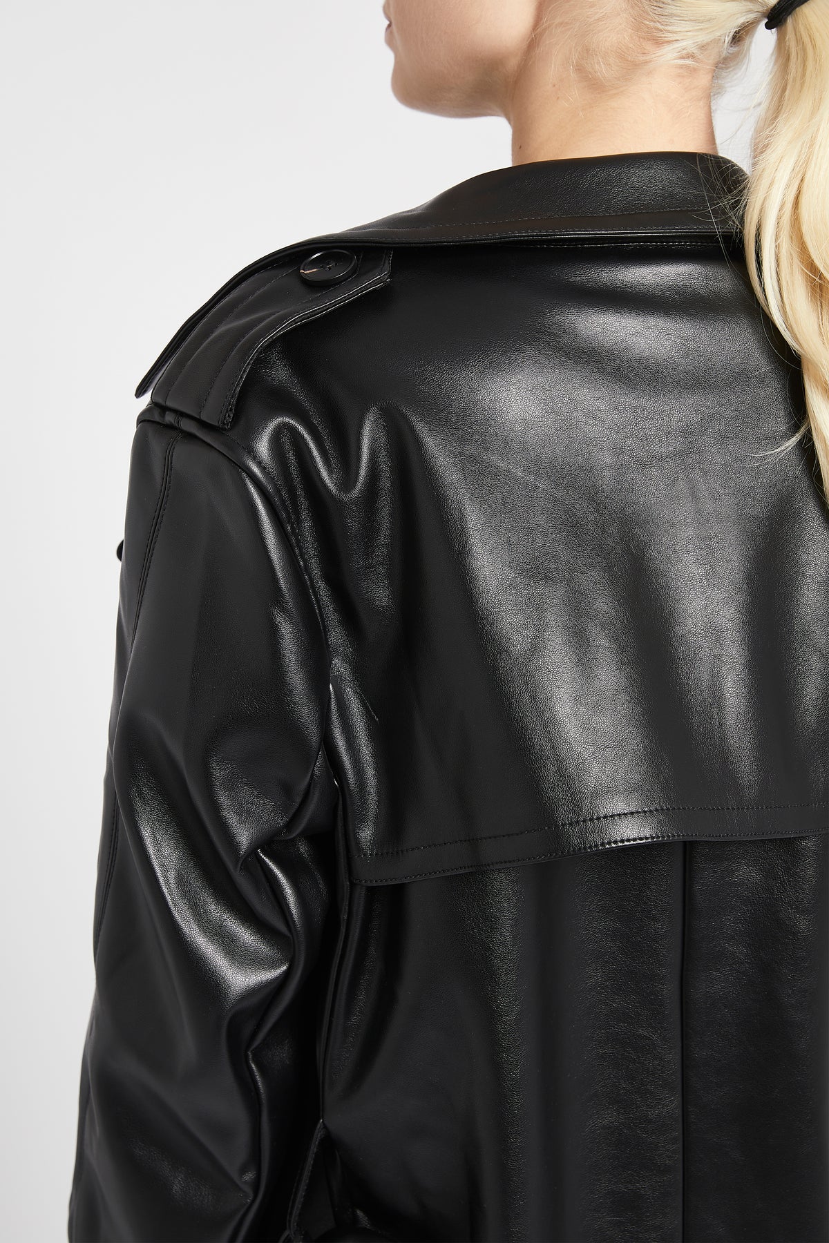 Oversized Leather Belted Trench Coat - Black