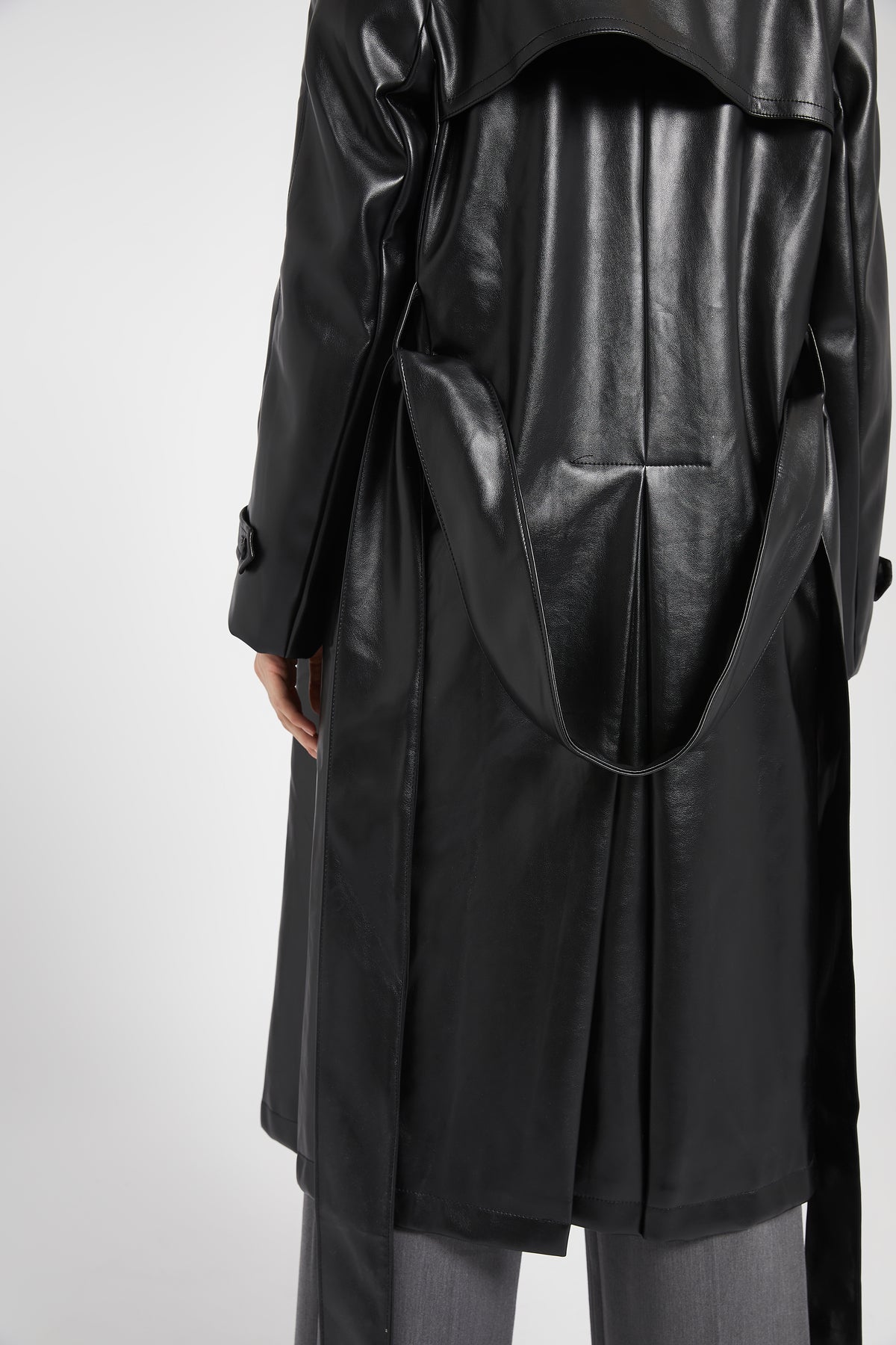 Oversized Leather Belted Trench Coat - Black