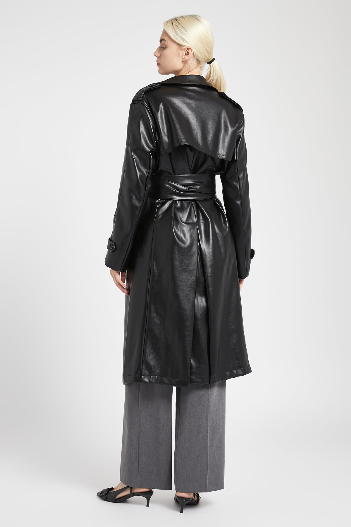 Oversized Leather Belted Trench Coat - Black