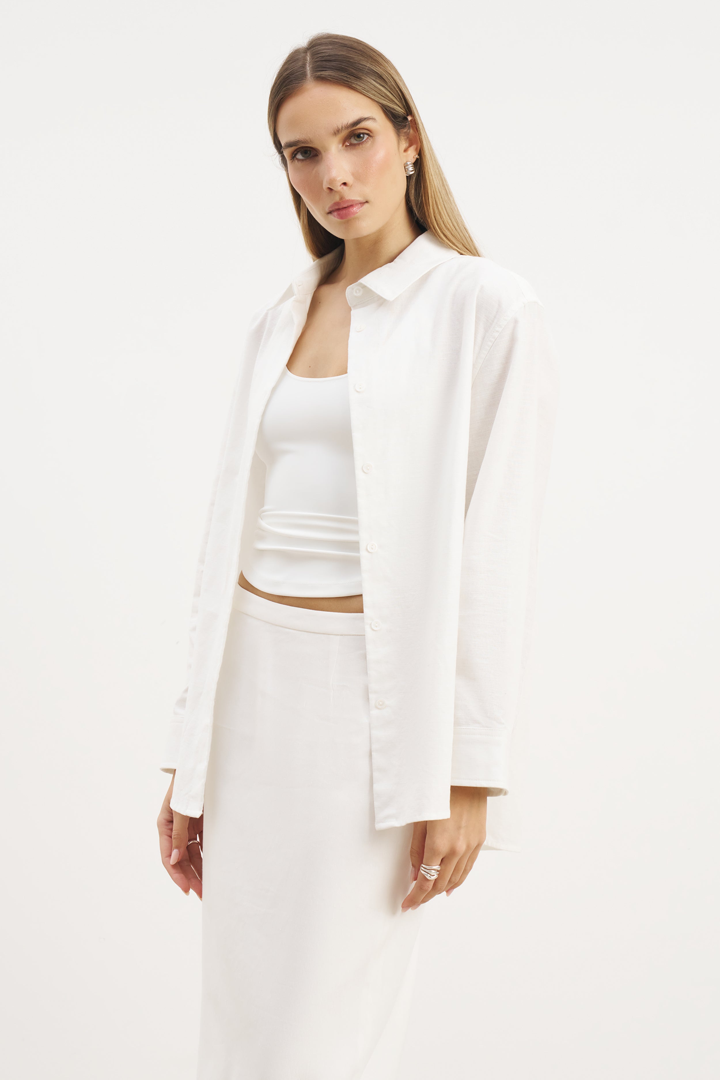 Linen Long Sleeve Boyfriend Shirt - White