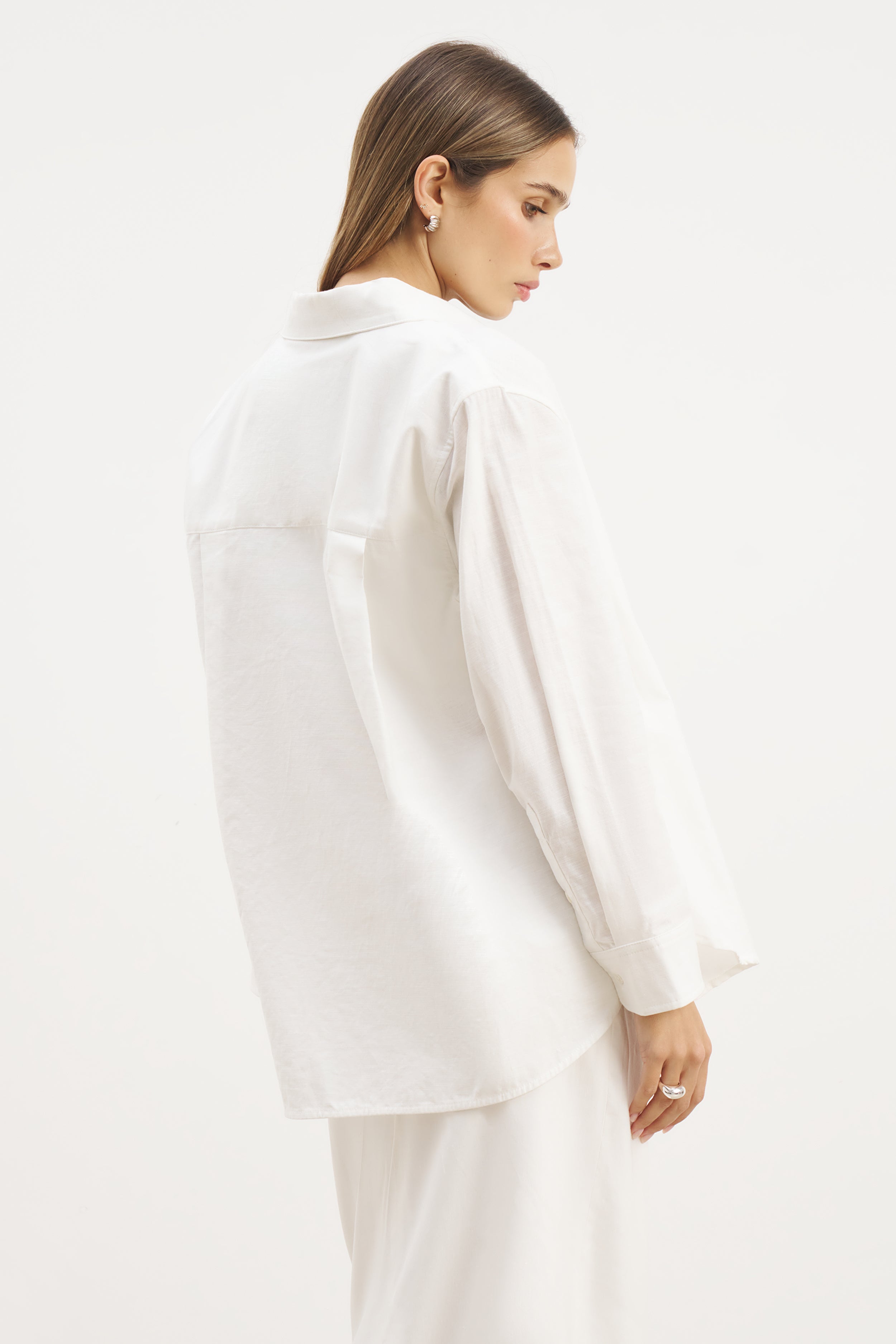 Linen Long Sleeve Boyfriend Shirt - White