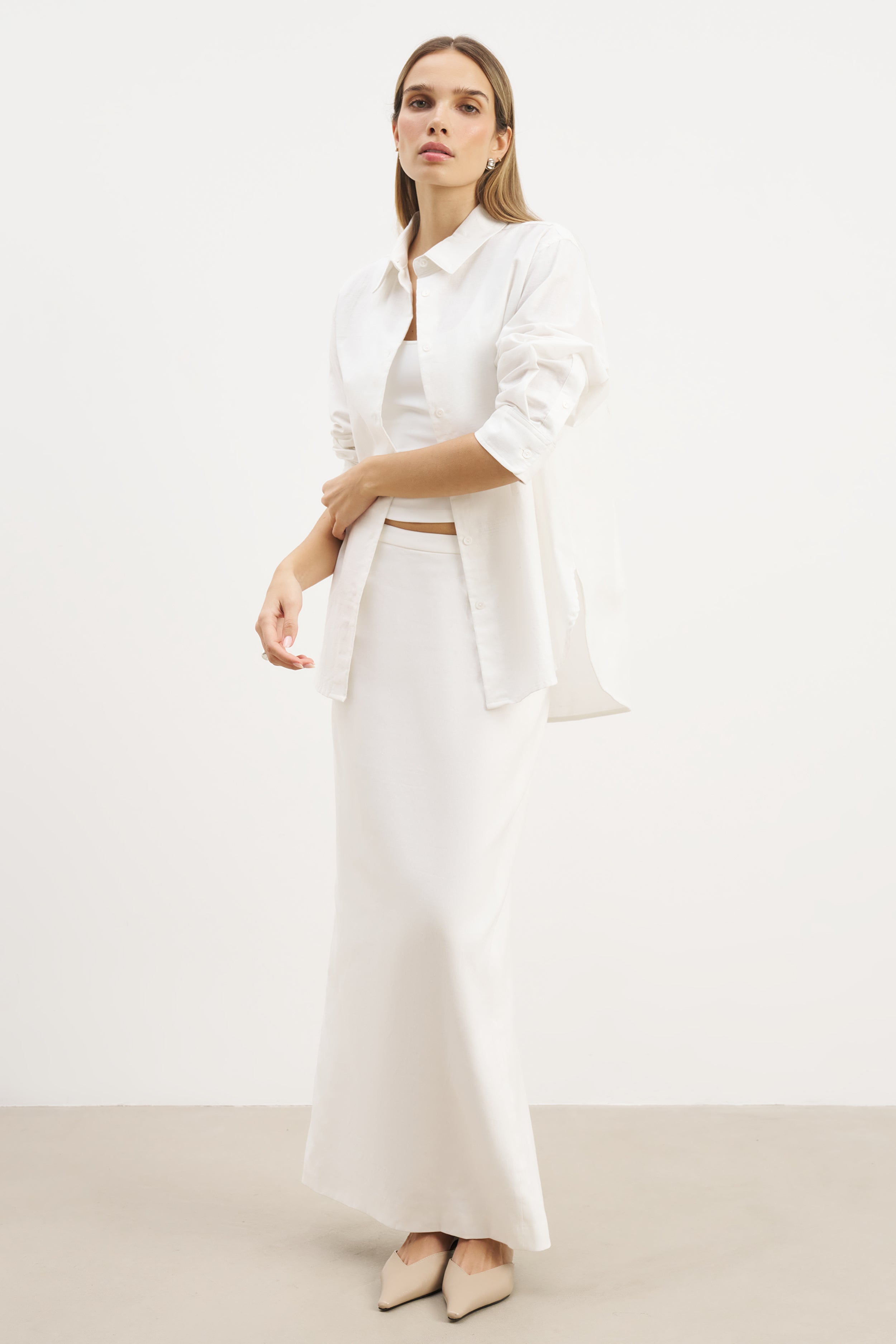 Linen Long Sleeve Boyfriend Shirt - White