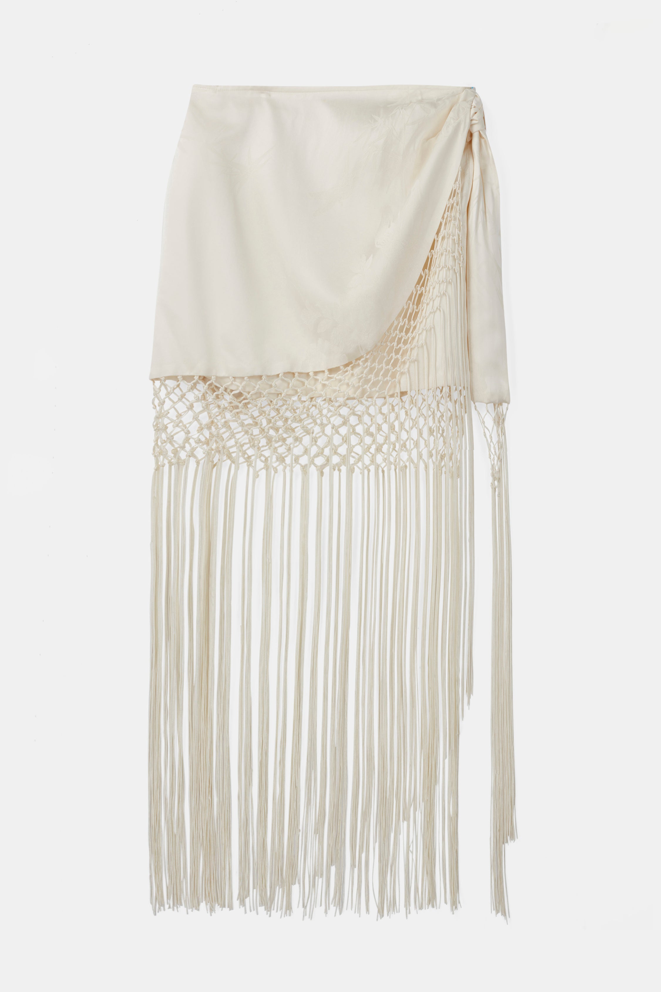 Satin Jacquard Sarong Midi Skirt with Fringing - Cream