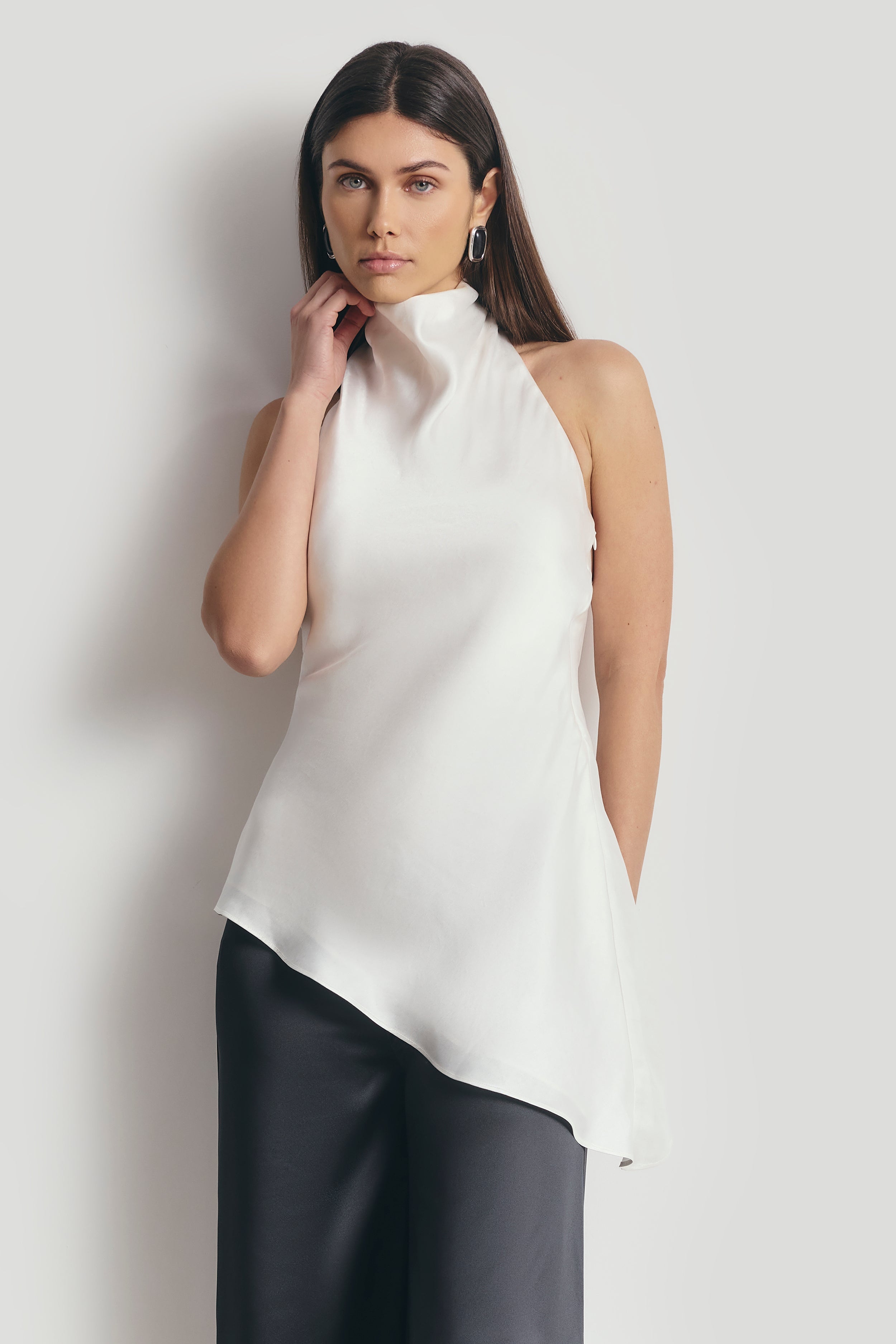 Cowl Neck Asymmetric Top - White