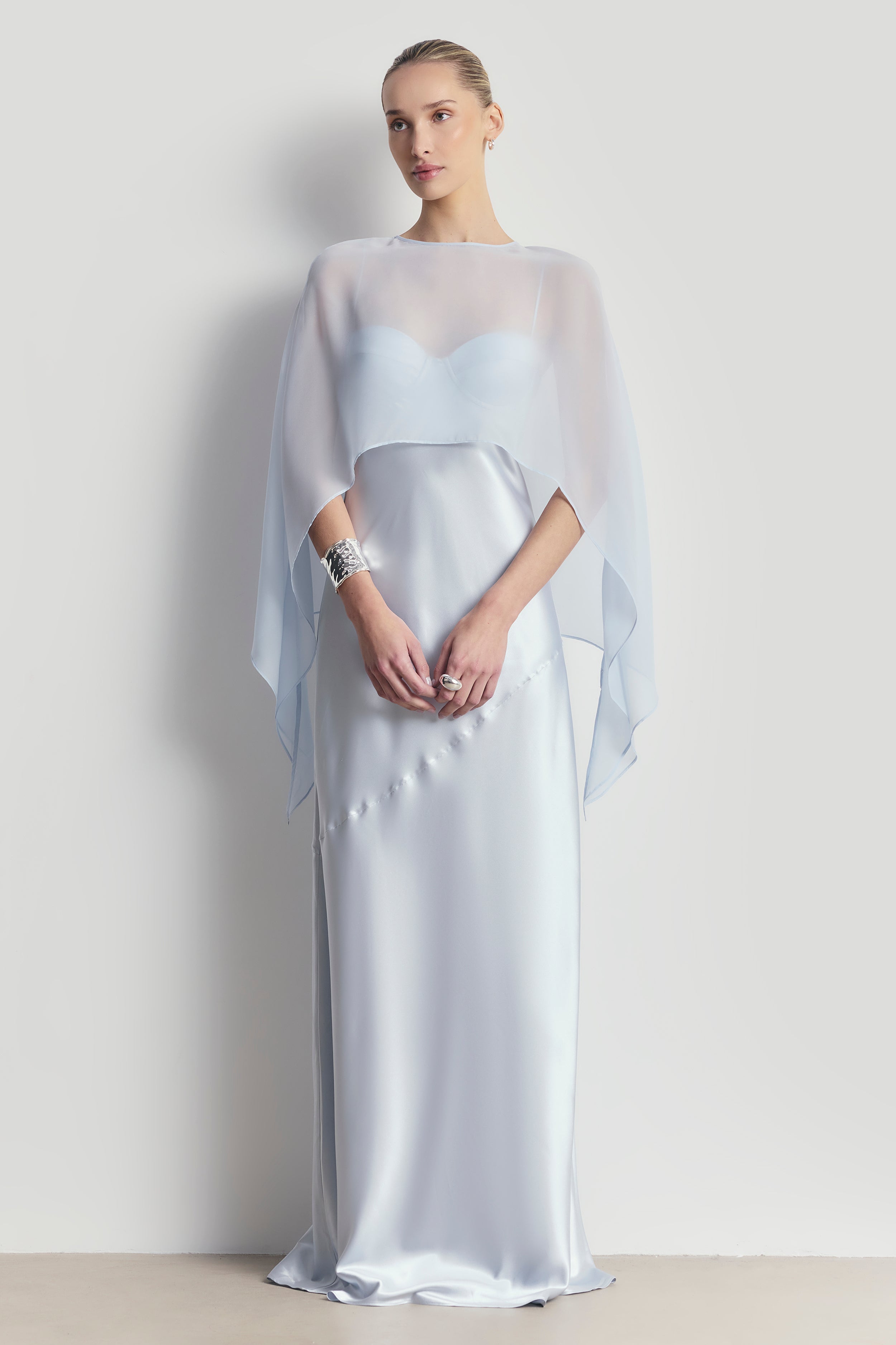 Sheer Chiffon Curved Hem Cape - Powder Blue