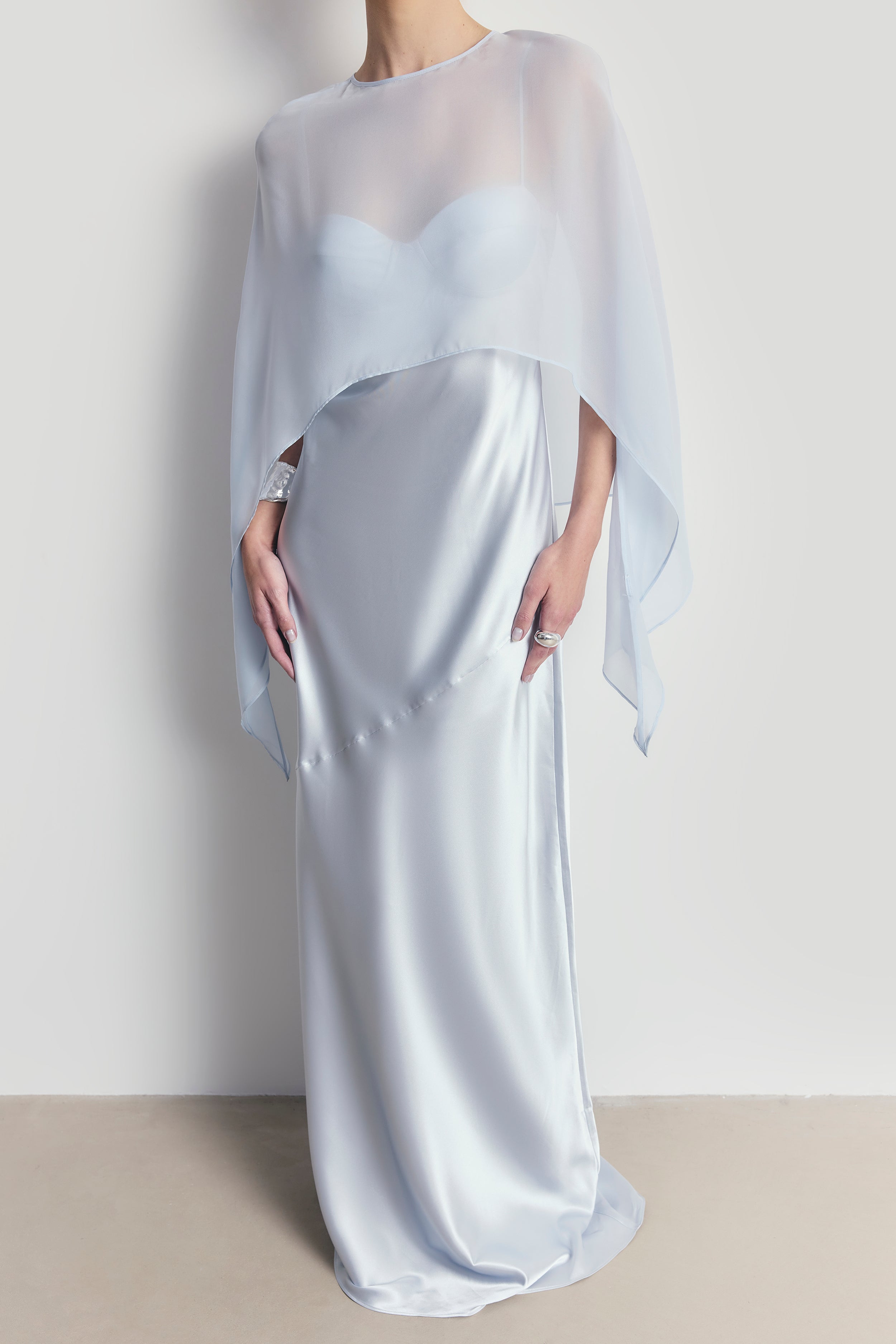 Sheer Chiffon Curved Hem Cape - Powder Blue