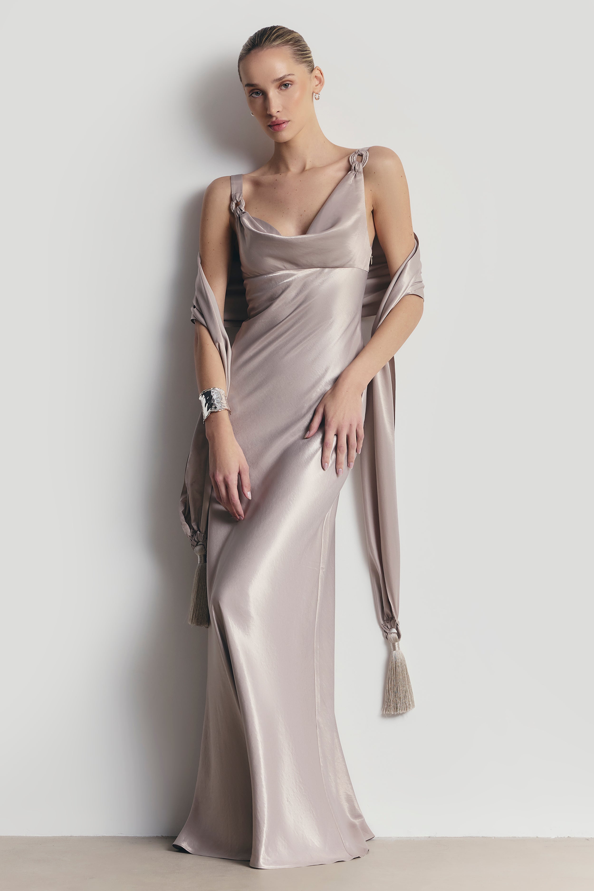 High Gloss Satin Tassel Shawl - Pebble