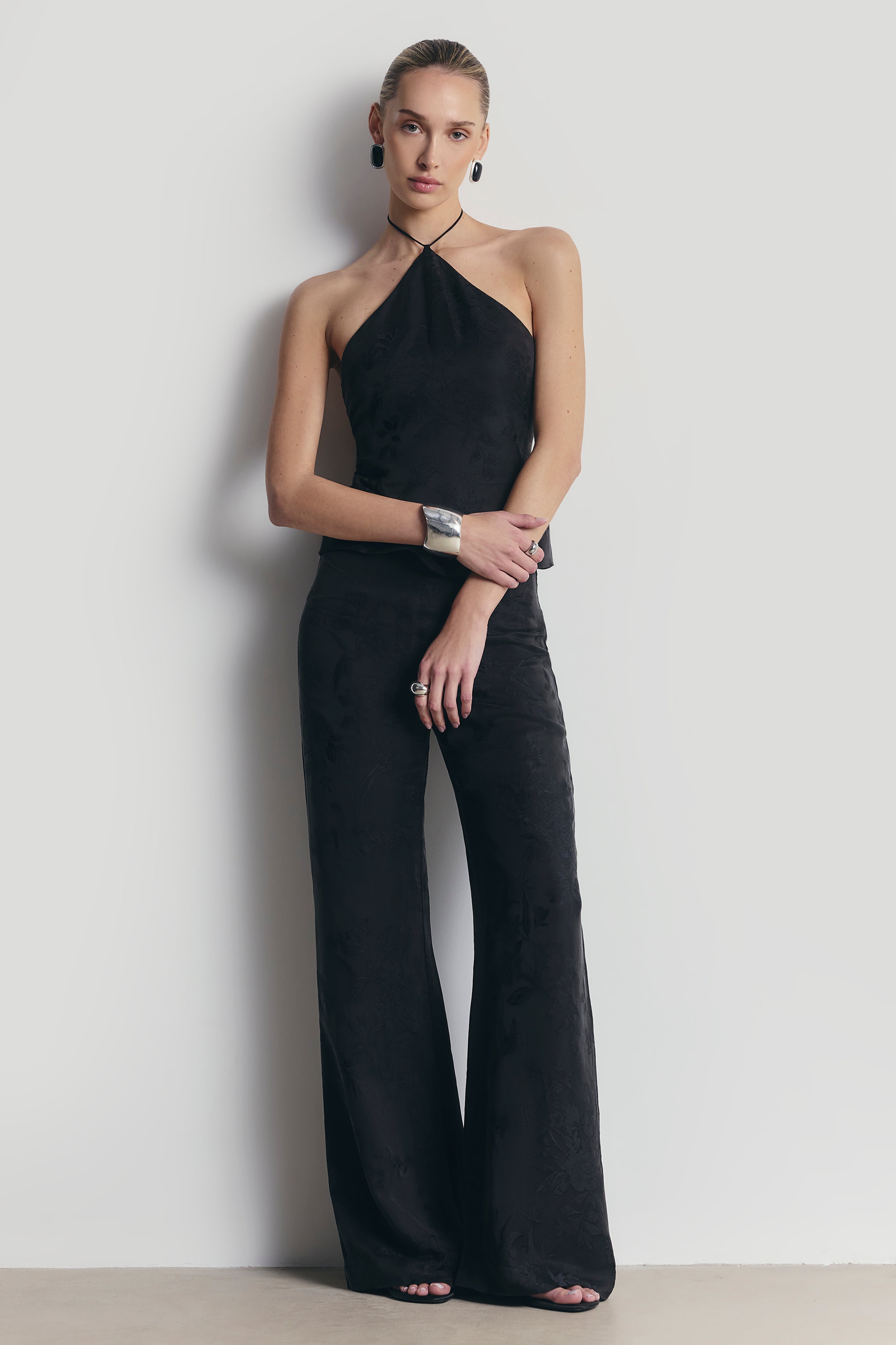 Cupro Jacquard Tailored Wide Leg Trousers - Charcoal