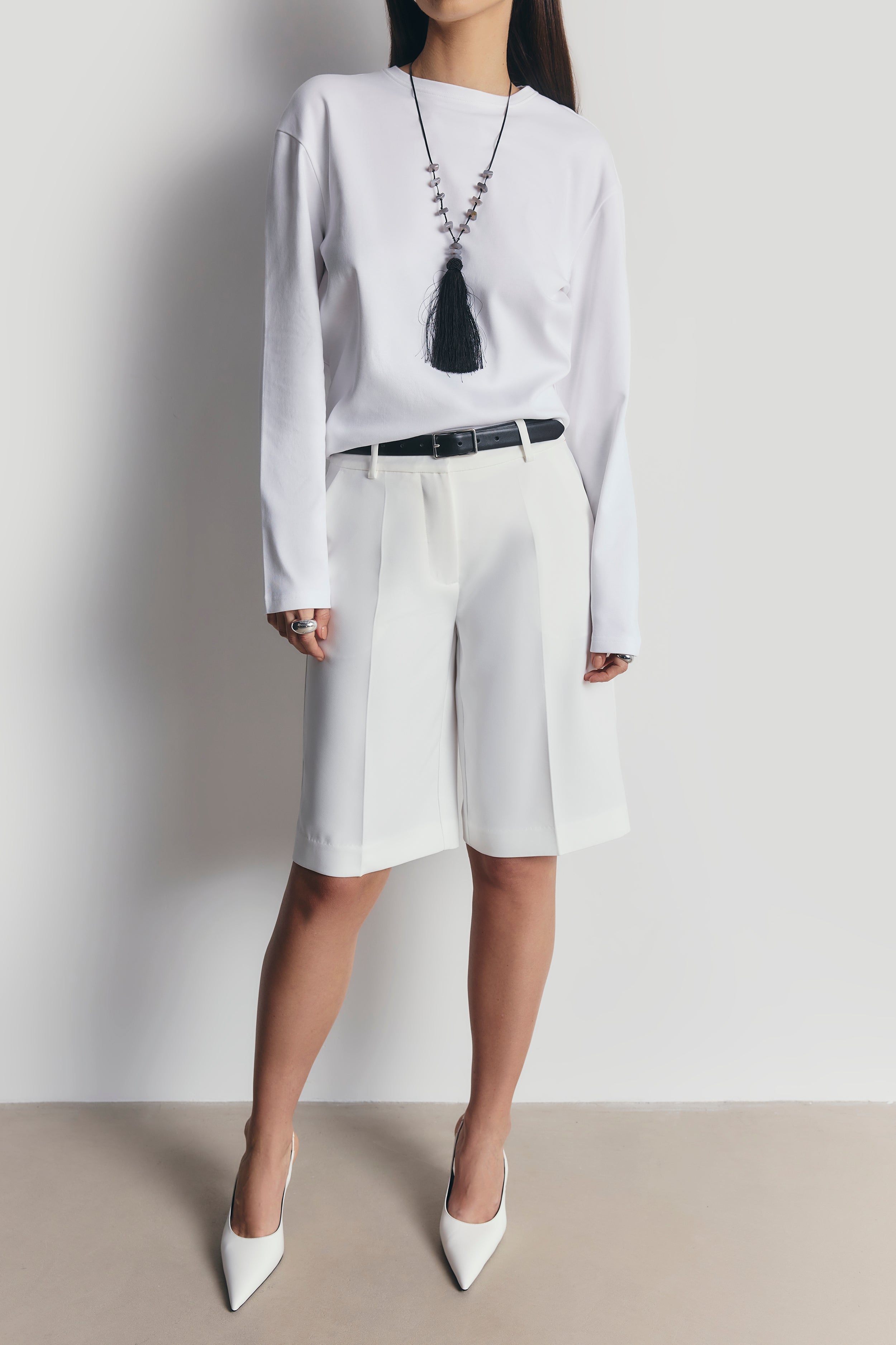 Satin Detail Longline Shorts - White