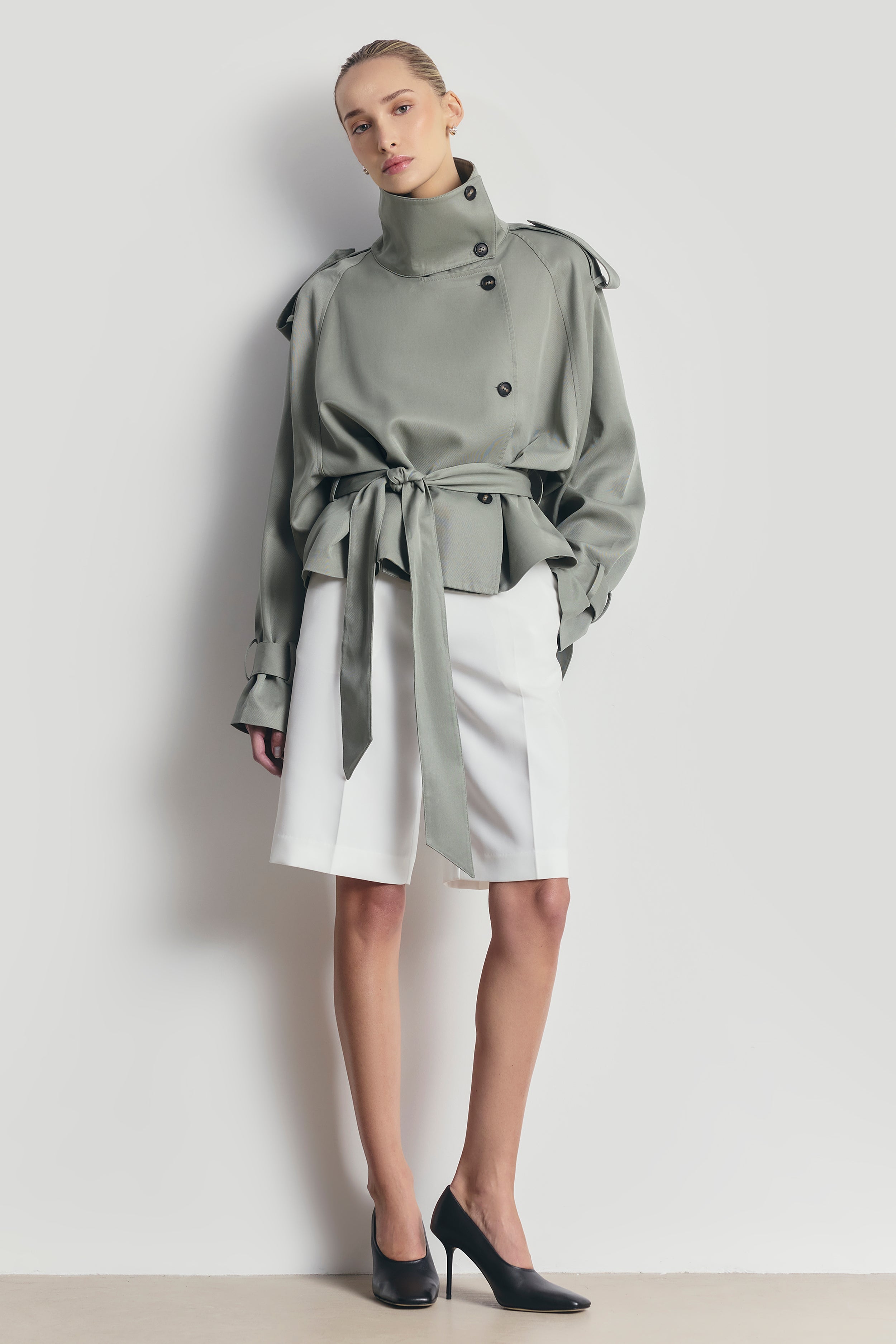 Cropped Funnel Neck Trench - Antique Sage