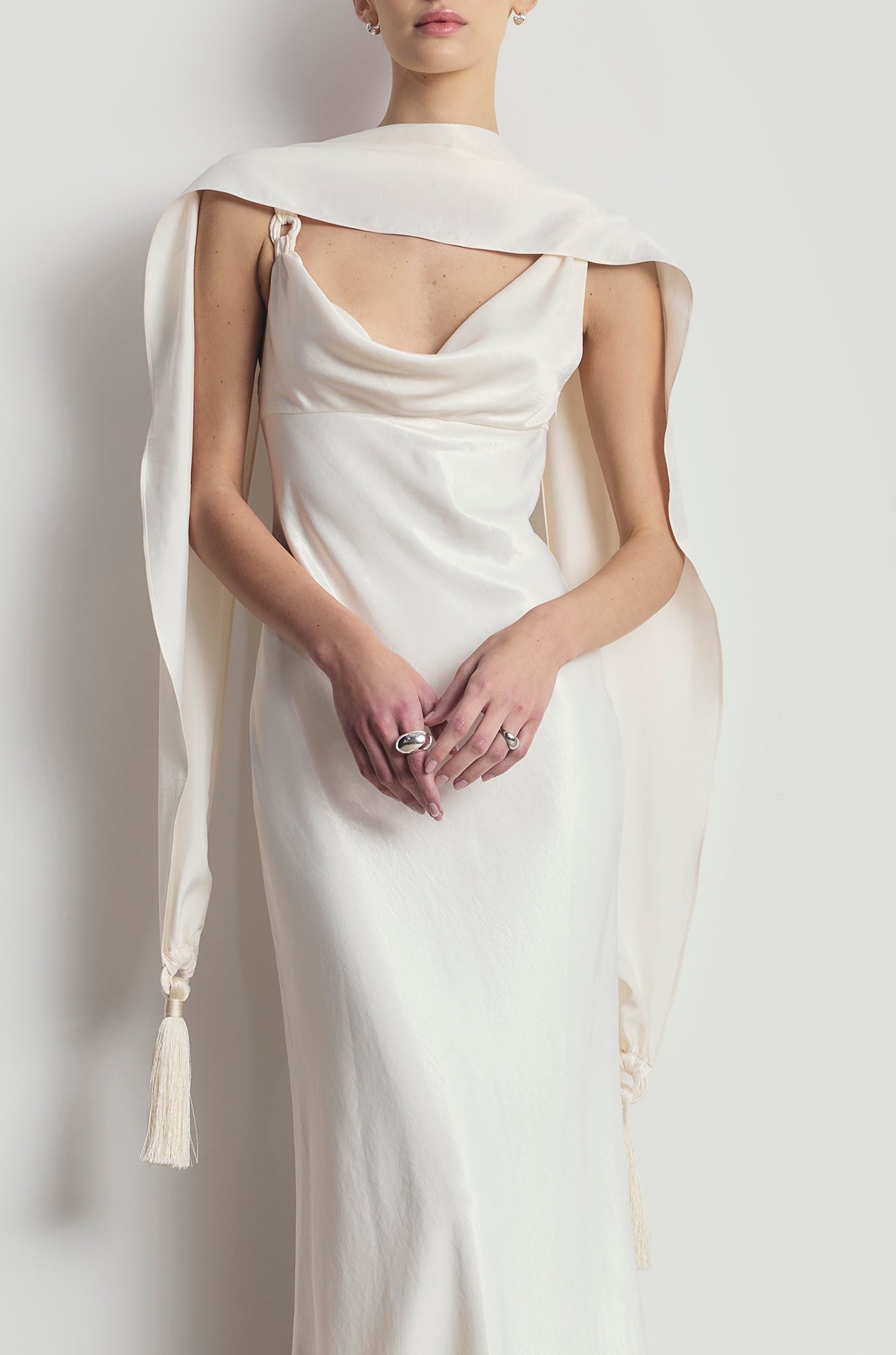 High Gloss Satin Tassel Shawl - Cream | BOA High Gloss Satin Tassel Shawl - Cream | BOA