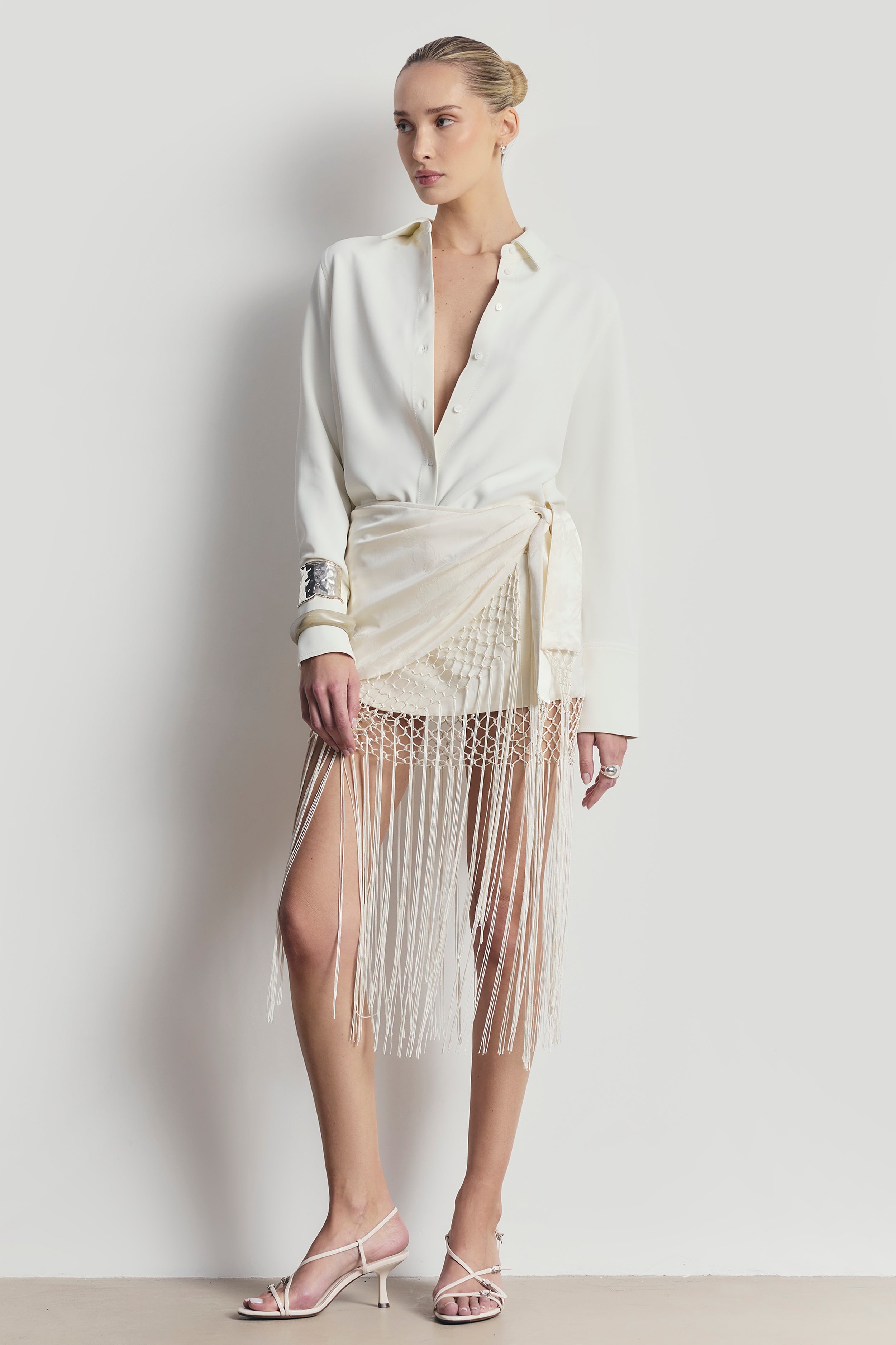 Satin Jacquard Sarong Midi Skirt with Fringing - Cream