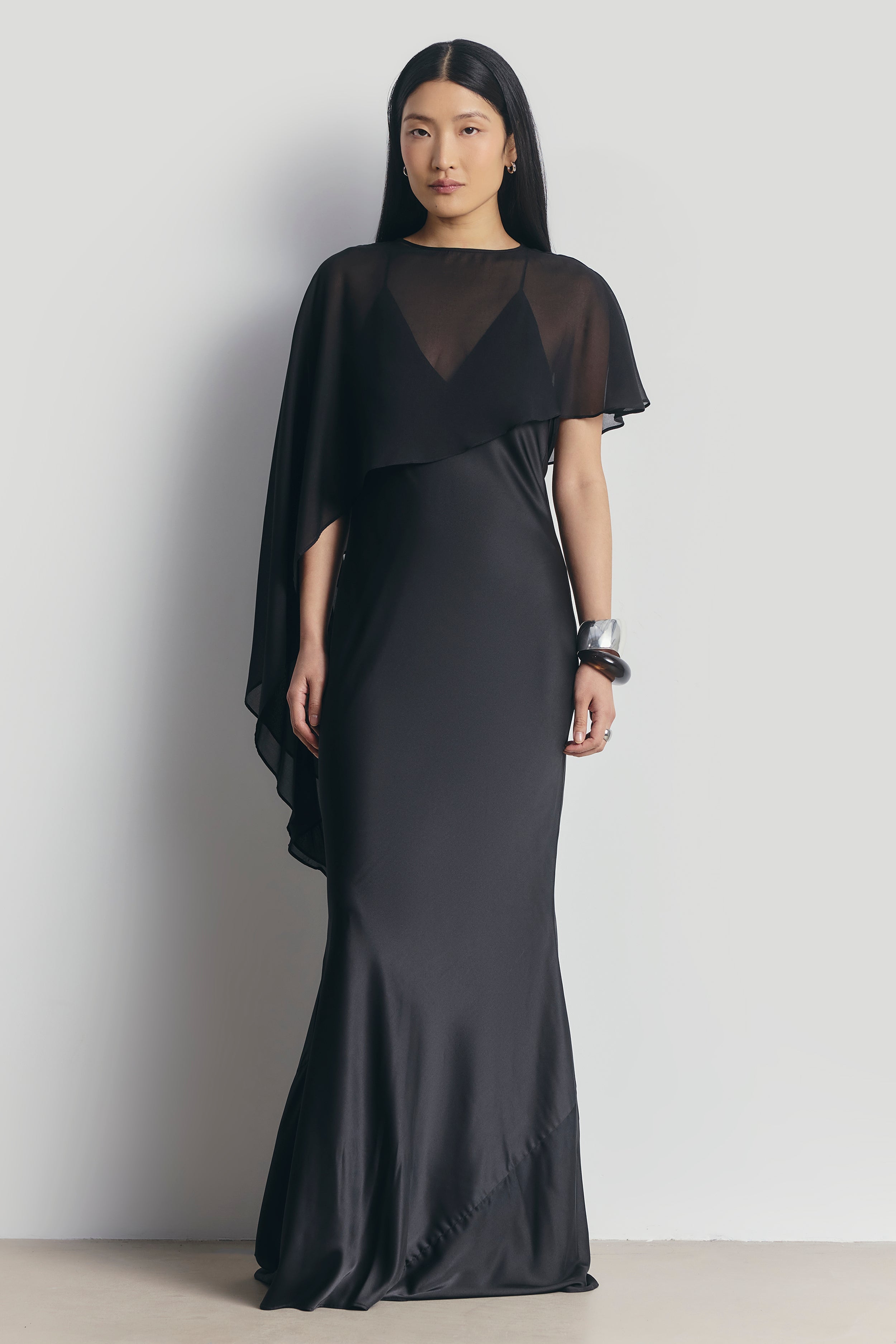 Sheer Chiffon Asymmetric Cape - Black