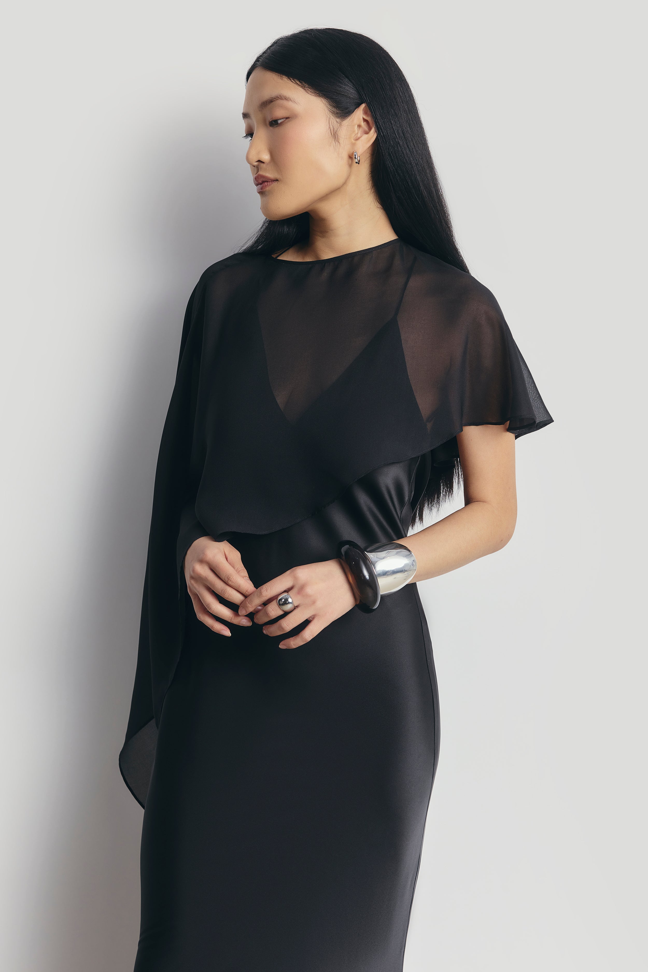 Sheer Chiffon Asymmetric Cape - Black
