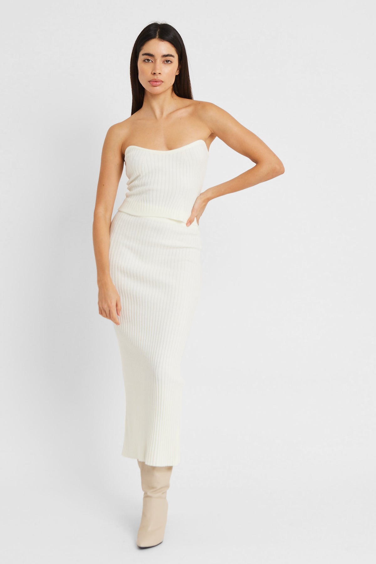 Ribbed Knit Bodice Top - Cream