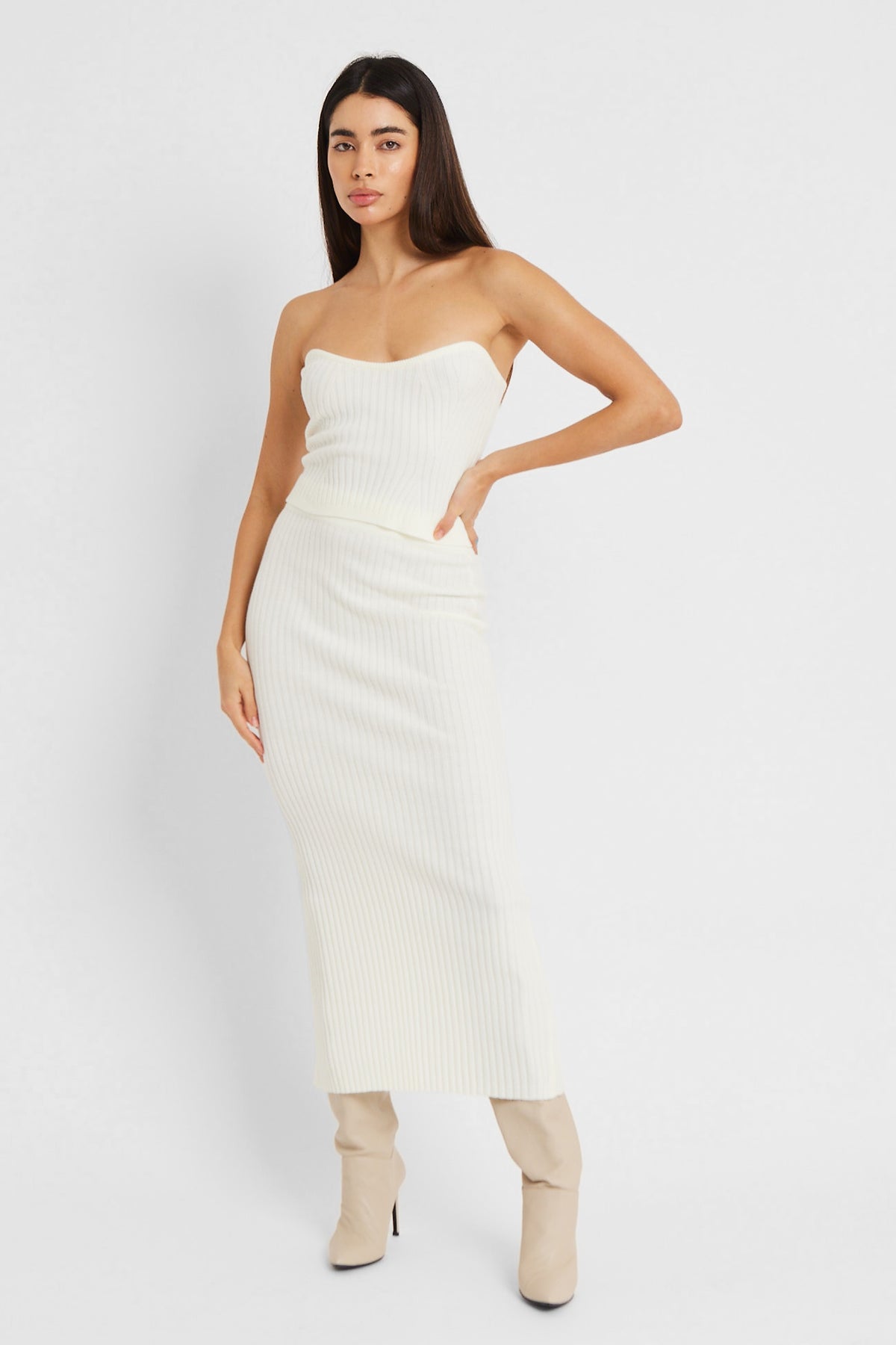 Ribbed Knit Bodice Top - Cream