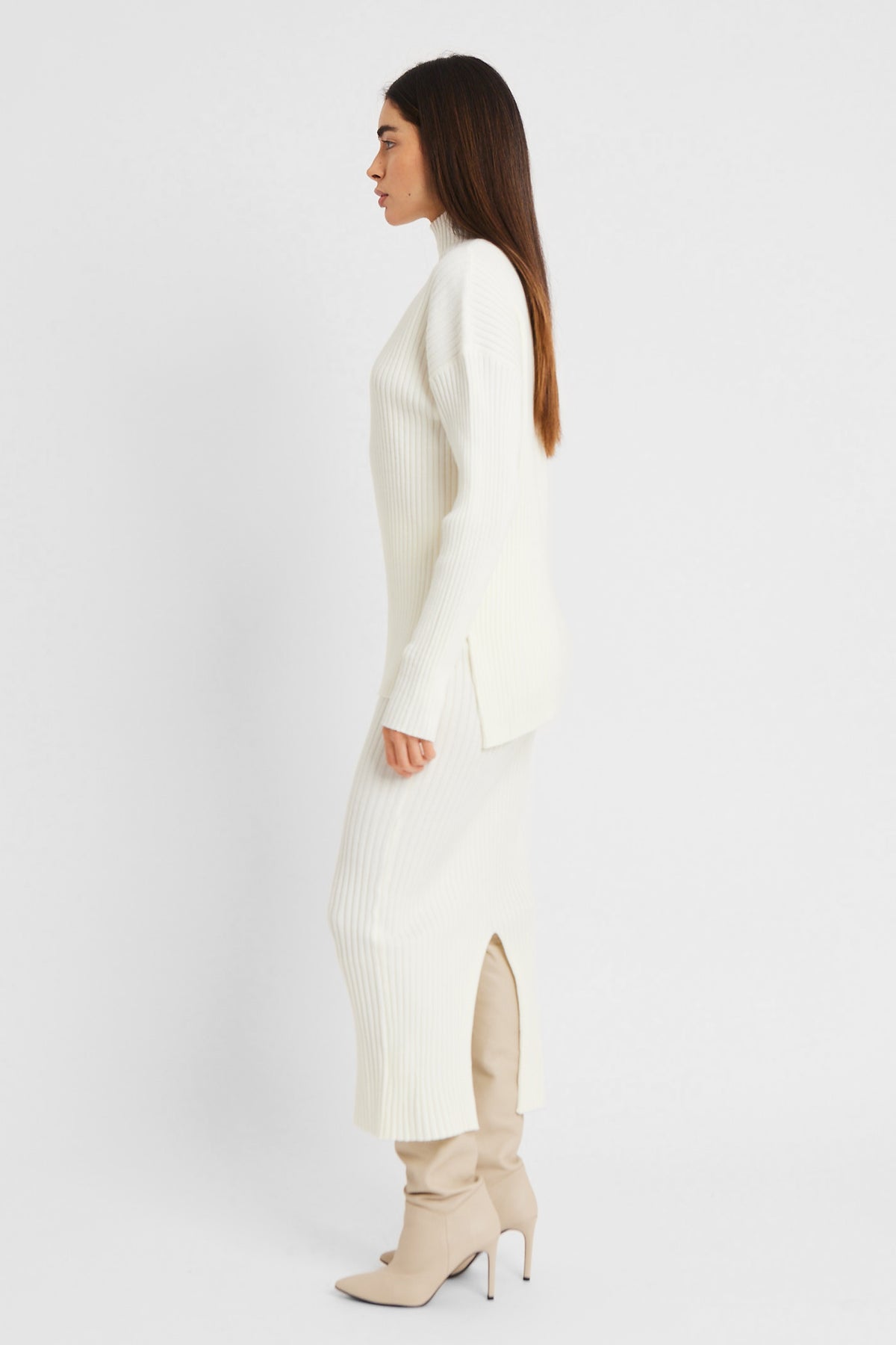 Ribbed Knit High Neck Jumper - Cream