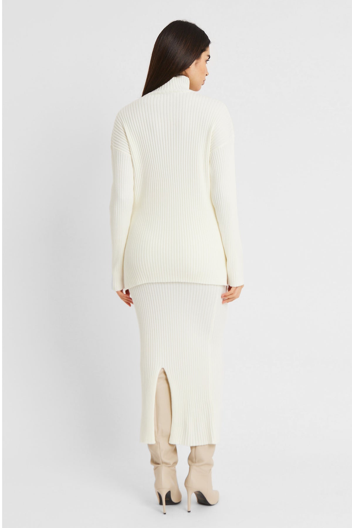 Ribbed Knit High Neck Jumper - Cream