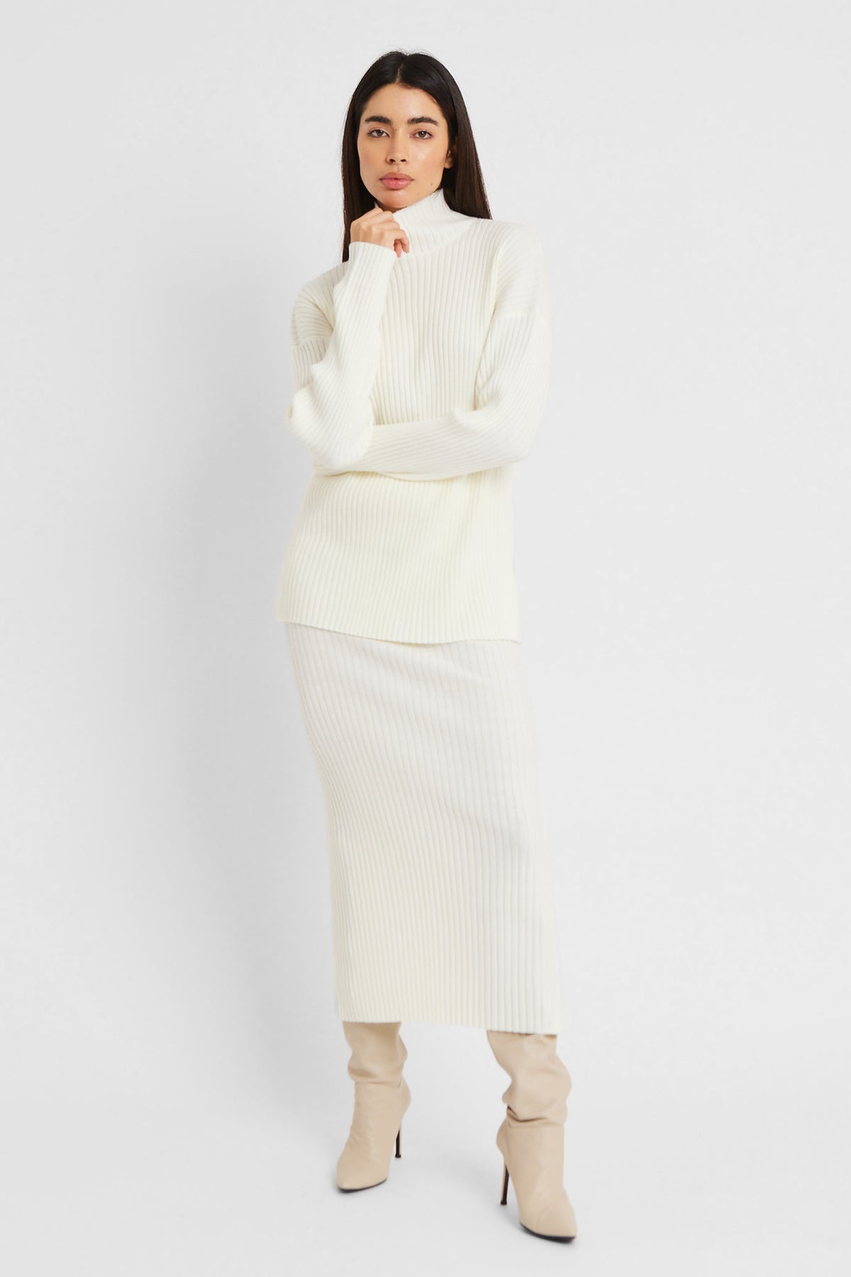 Ribbed Knit High Neck Jumper - Cream