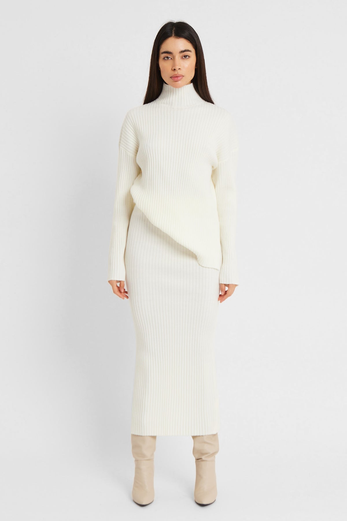 Ribbed Knit High Neck Jumper - Cream