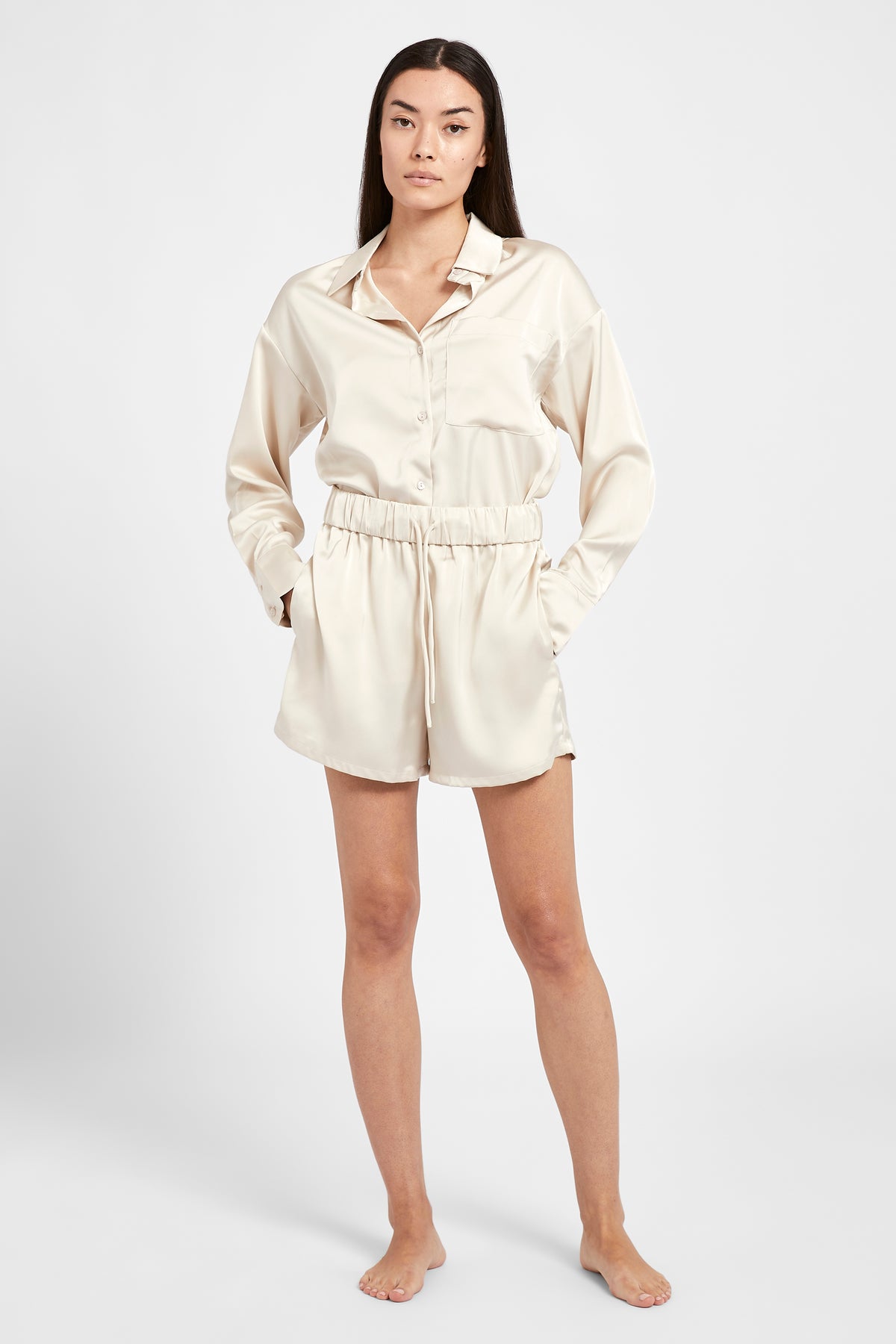 Relaxed Satin Drawstring Shorts - Champagne