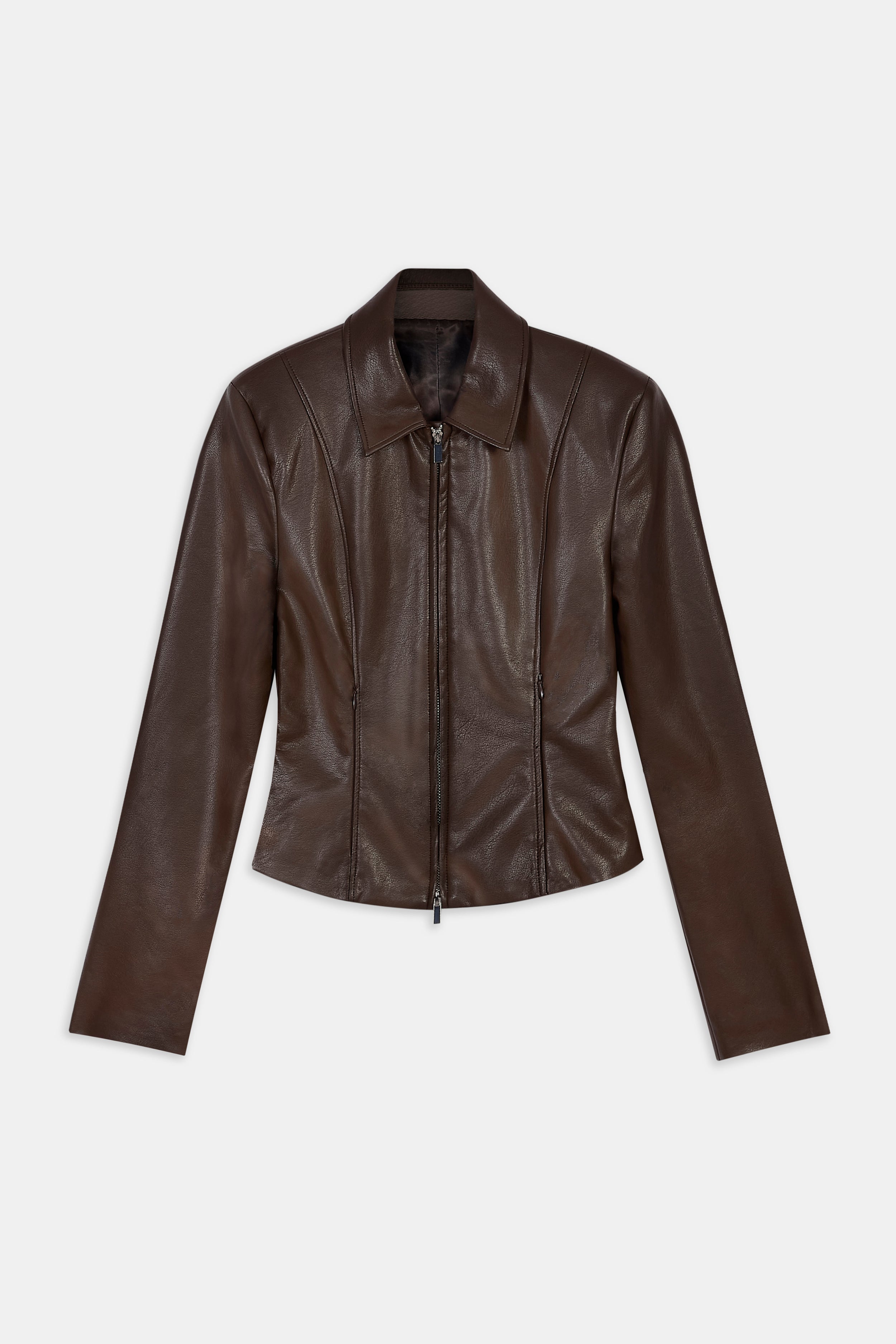 90's Slim Fit Leather Jacket - Carob